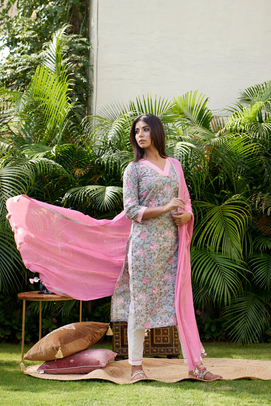 Women's Pink Grey Floral V Neck Cotton Suit Set - (Set Of 3) - Nangalia Ruchira