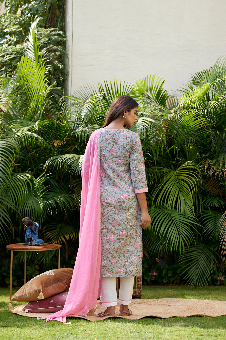 Women's Pink Grey Floral V Neck Cotton Suit Set - (Set Of 3) - Nangalia Ruchira