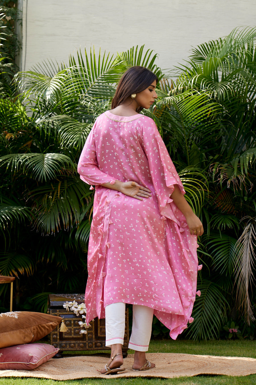 Women's Pink Bandhani Printed Modal Blend Kaftan - Nangalia Ruchira