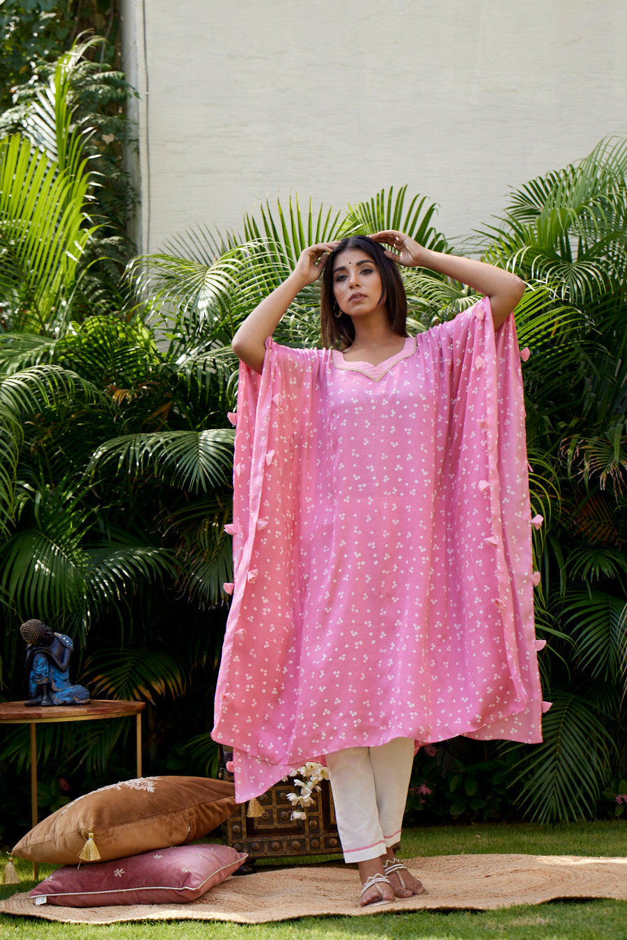 Women's Pink Bandhani Printed Modal Blend Kaftan - Nangalia Ruchira
