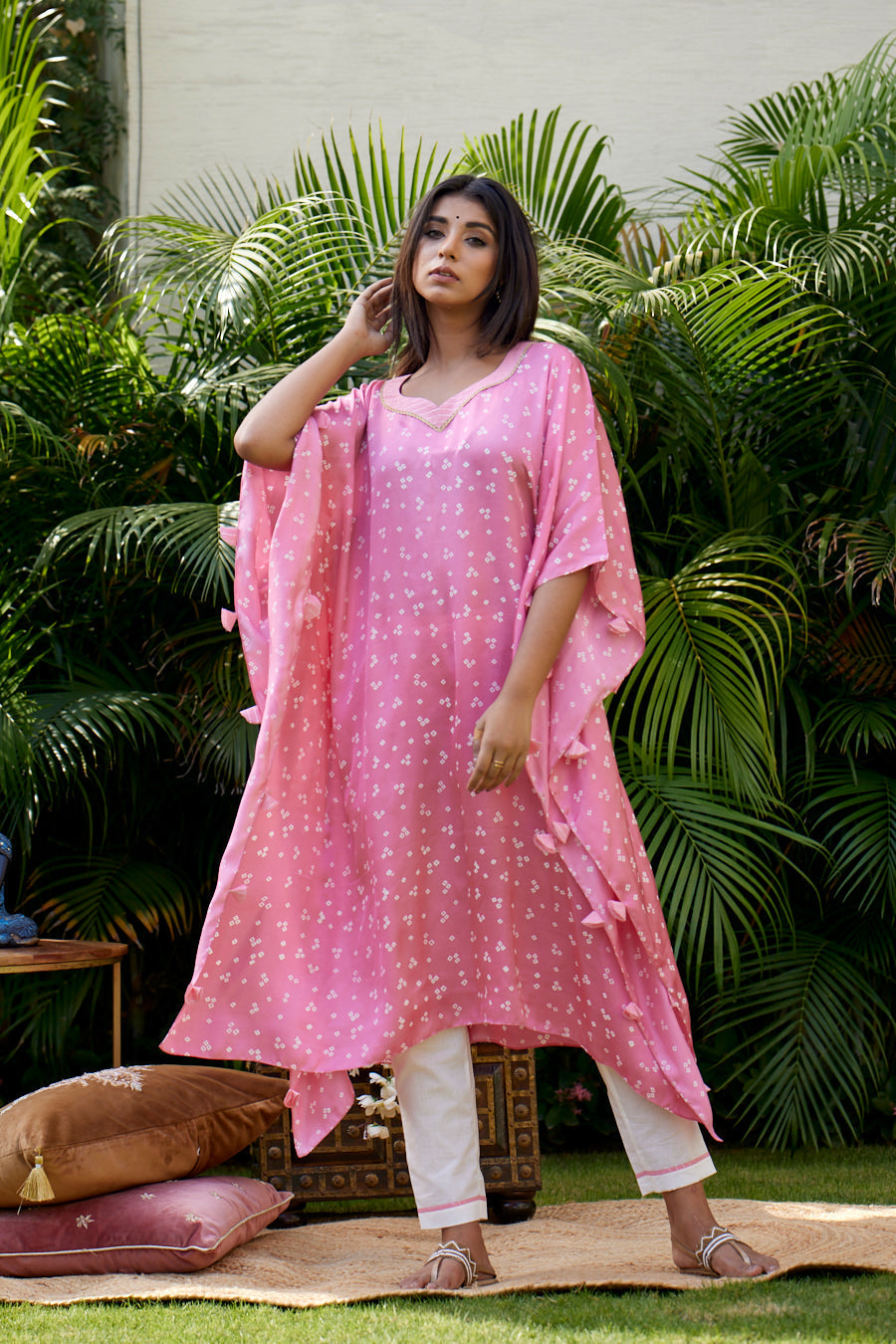Women's Pink Bandhani Printed Modal Blend Kaftan - Nangalia Ruchira