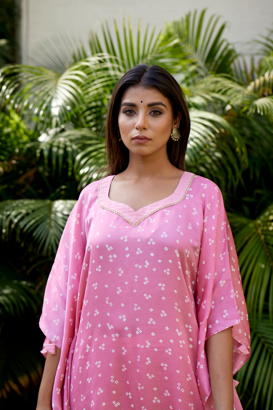 Women's Pink Bandhani Printed Modal Blend Kaftan - Nangalia Ruchira
