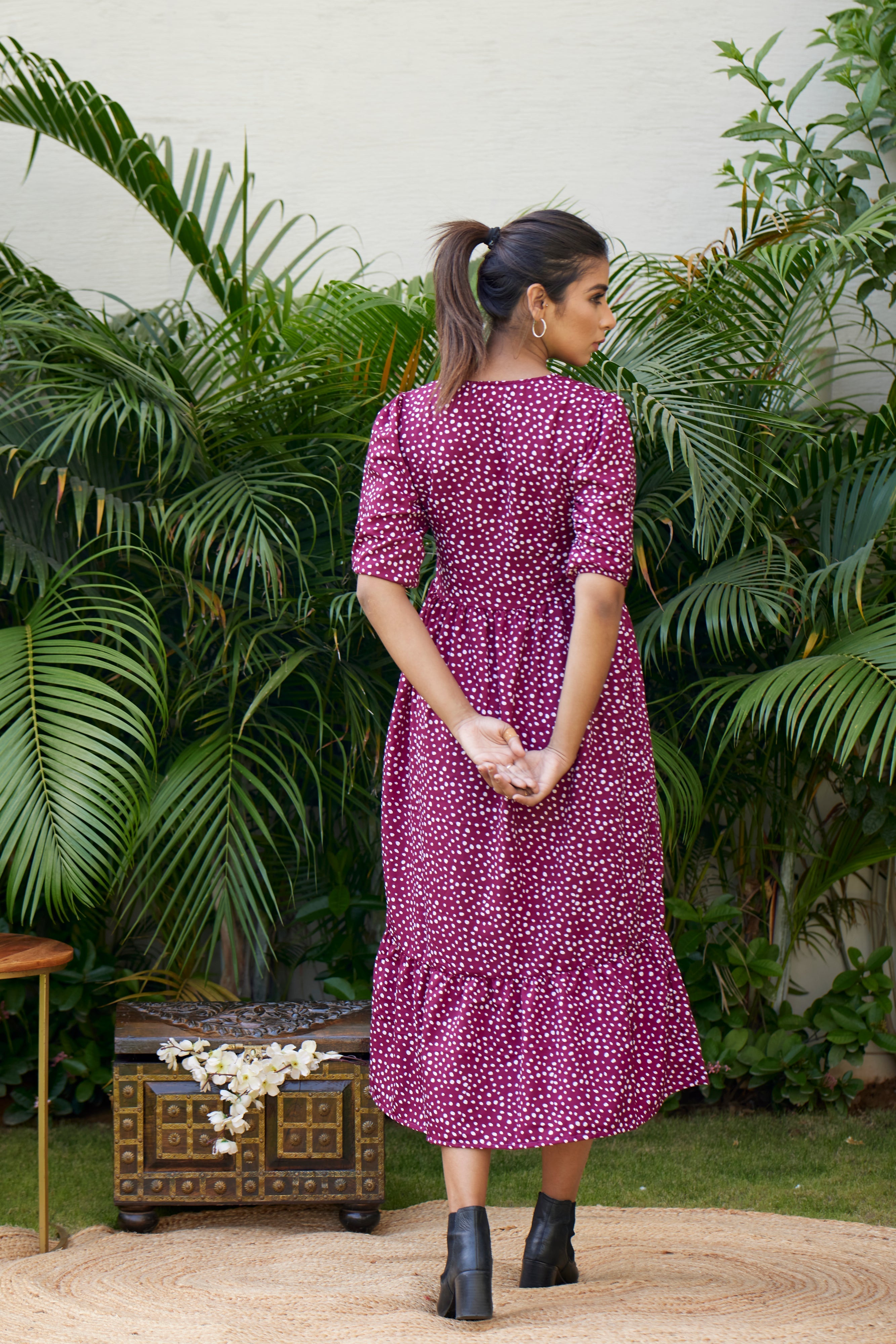 Women's Wine Polka Tiered  Maxi Dress - Nangalia Ruchira