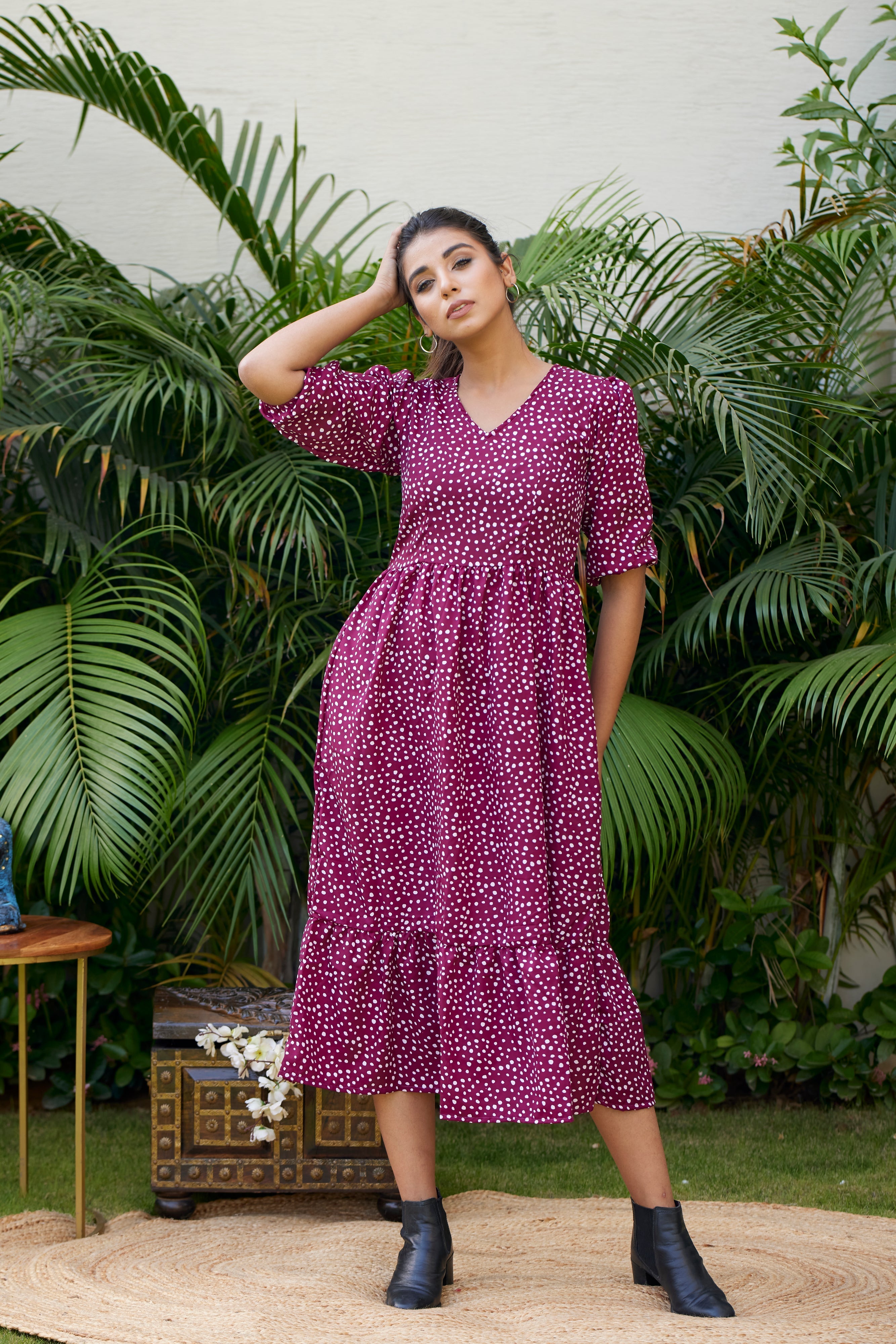 Women's Wine Polka Tiered  Maxi Dress - Nangalia Ruchira