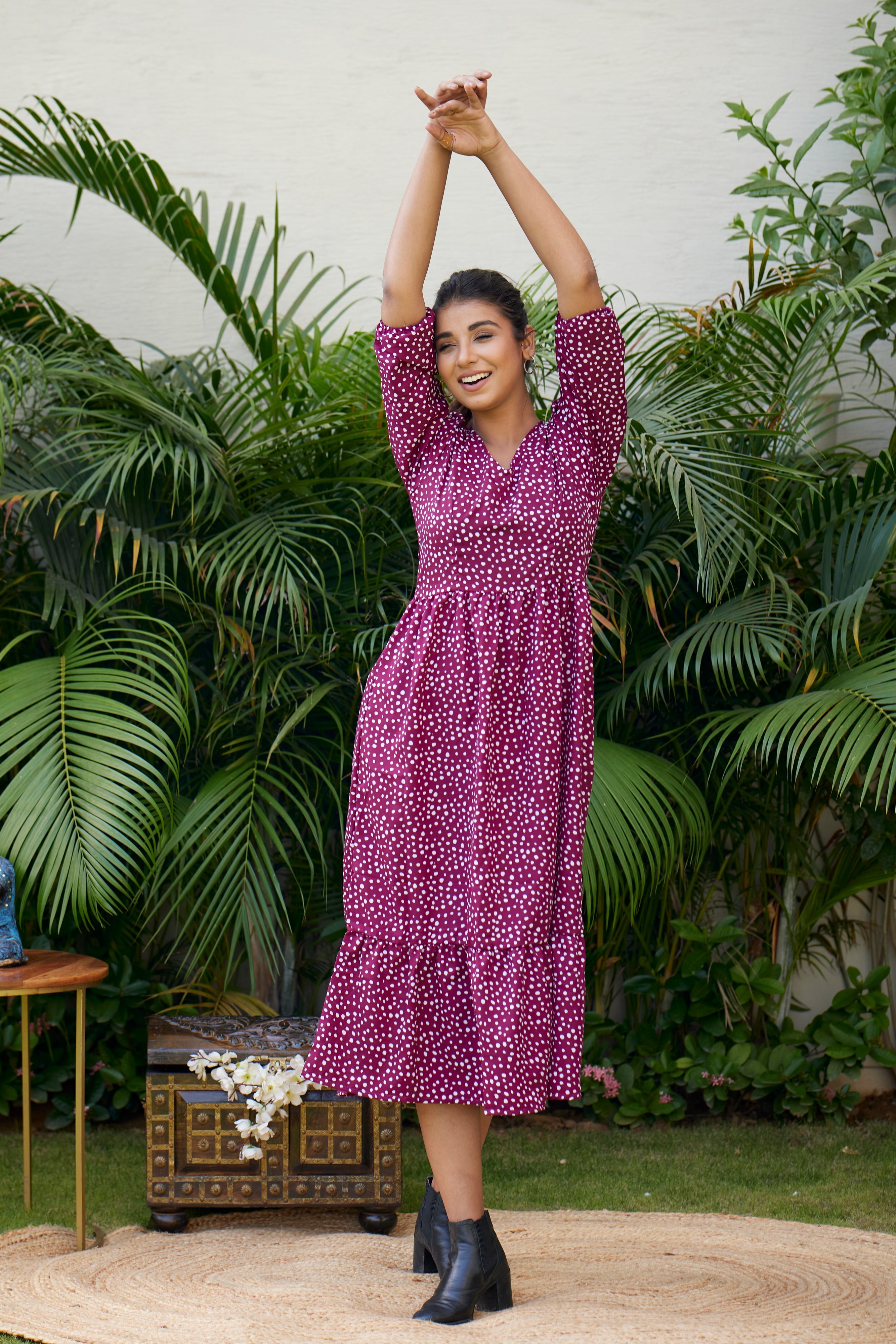 Women's Wine Polka Tiered  Maxi Dress - Nangalia Ruchira