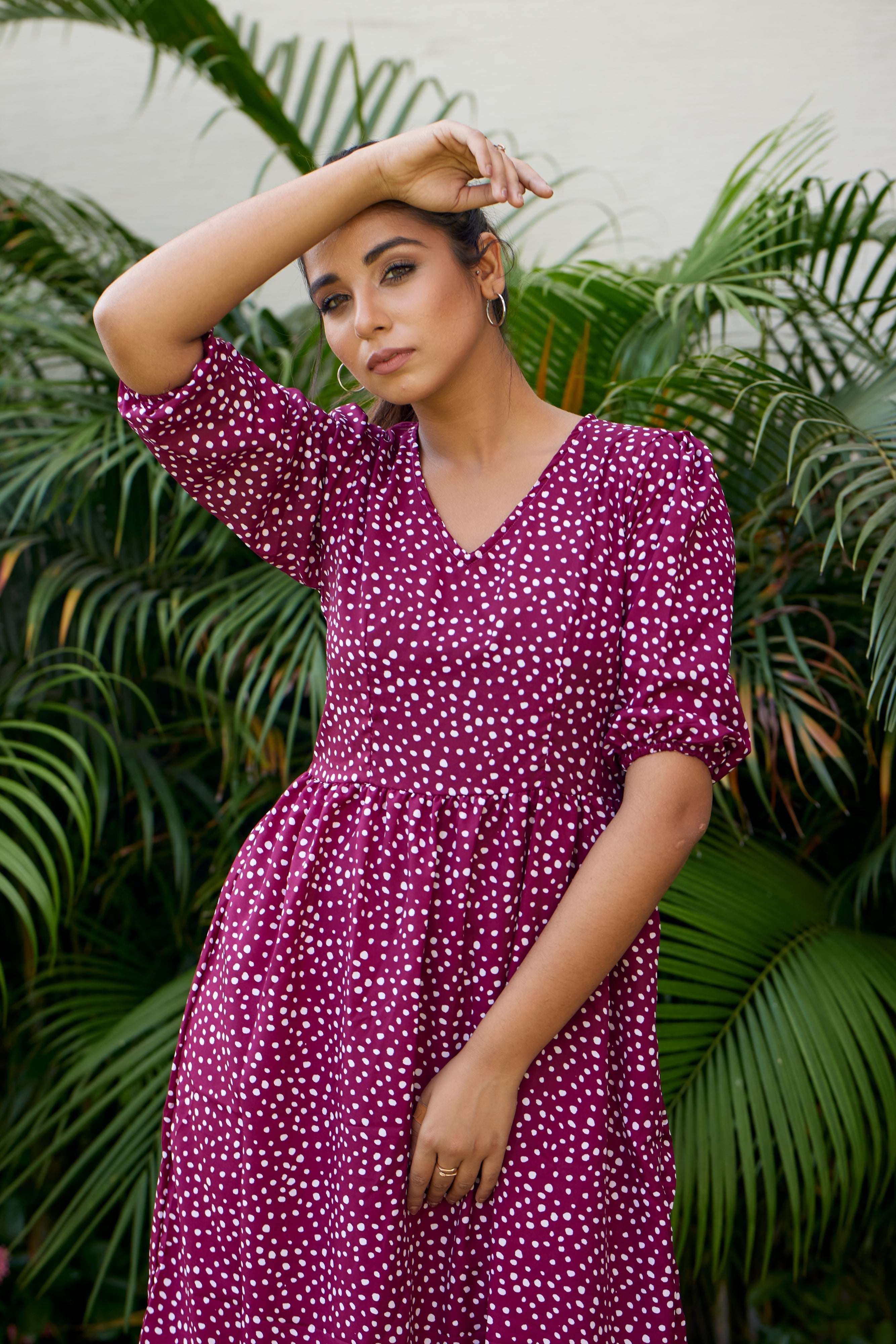Women's Wine Polka Tiered  Maxi Dress - Nangalia Ruchira