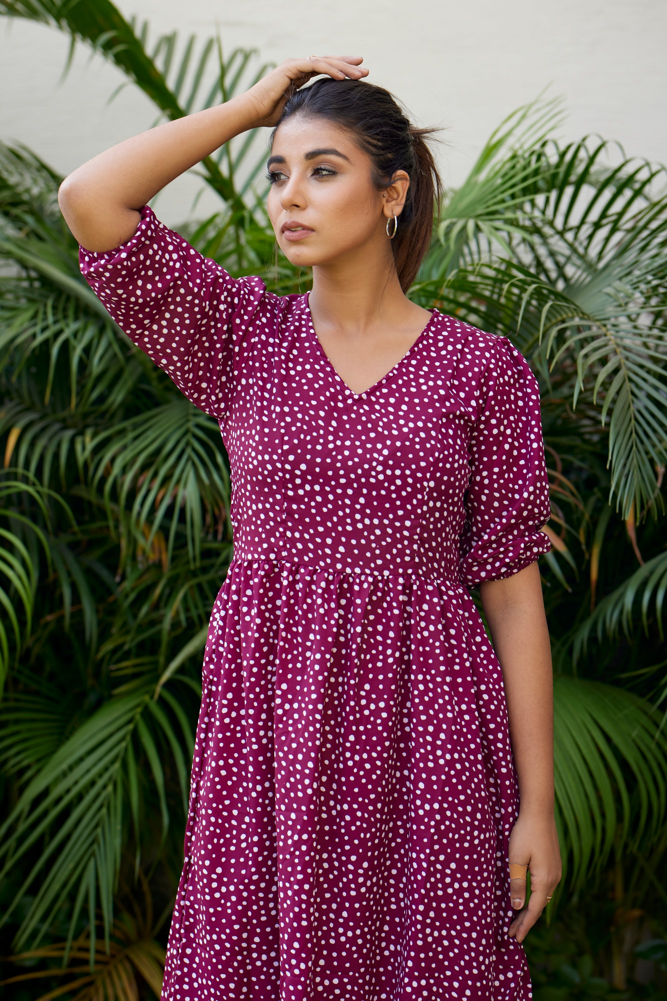 Women's Wine Polka Tiered  Maxi Dress - Nangalia Ruchira