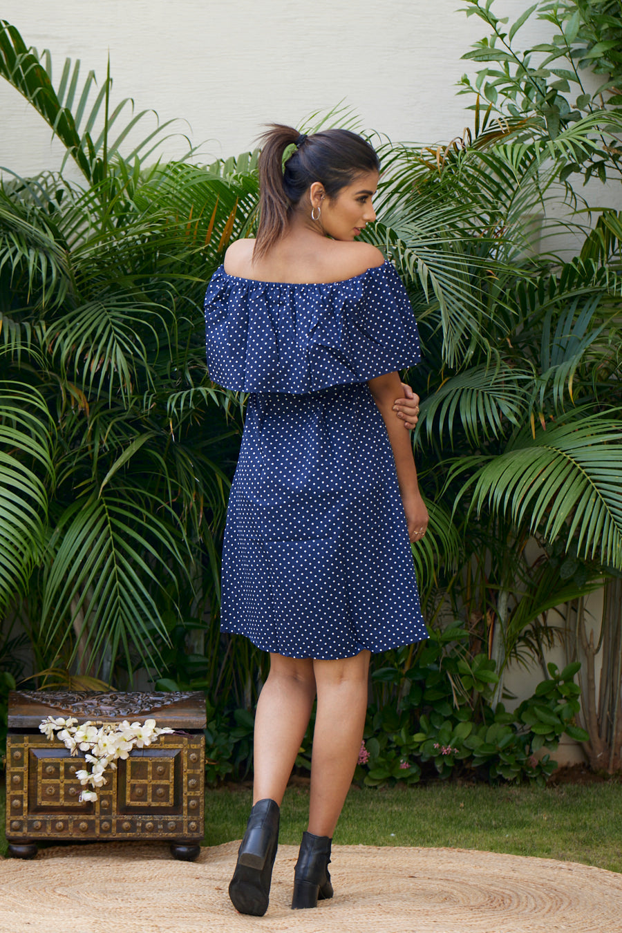 Women's Blue Polka Crepe Ruffle Dress - Nangalia Ruchira