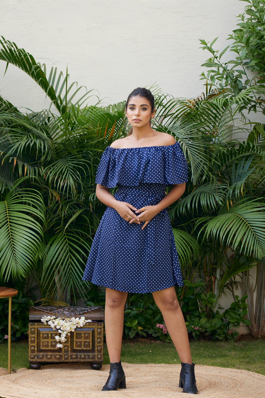 Women's Blue Polka Crepe Ruffle Dress - Nangalia Ruchira