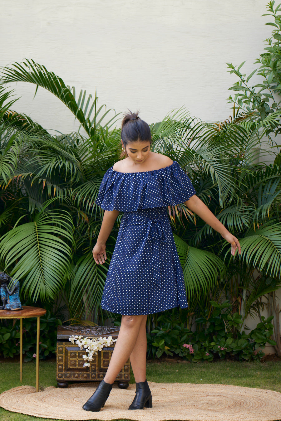 Women's Blue Polka Crepe Ruffle Dress - Nangalia Ruchira
