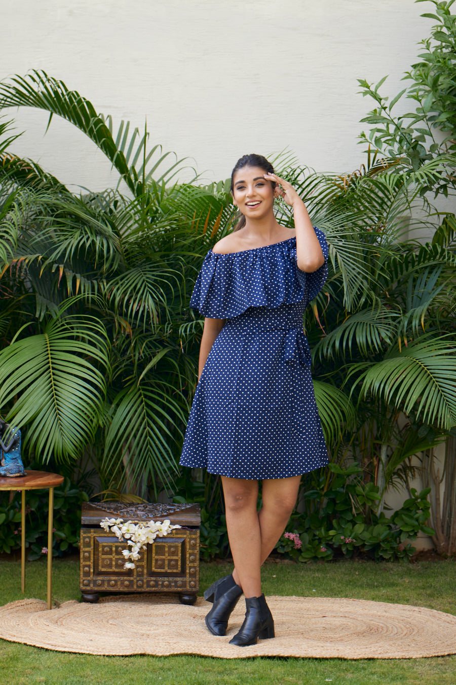 Women's Blue Polka Crepe Ruffle Dress - Nangalia Ruchira