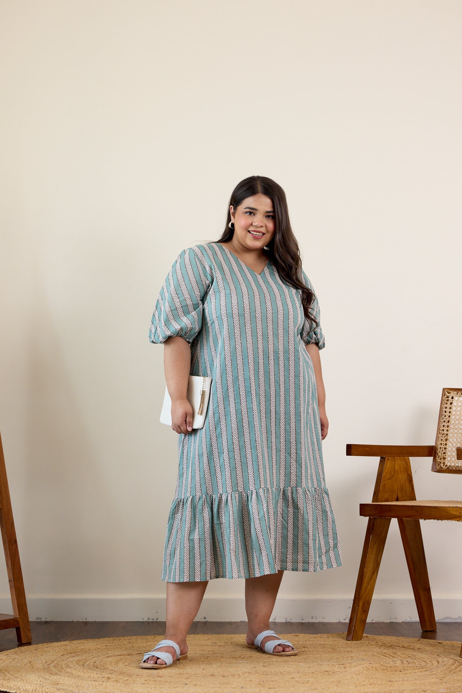 Women's Teal Blue Tired Striped Midi Dress - Nangalia Ruchira