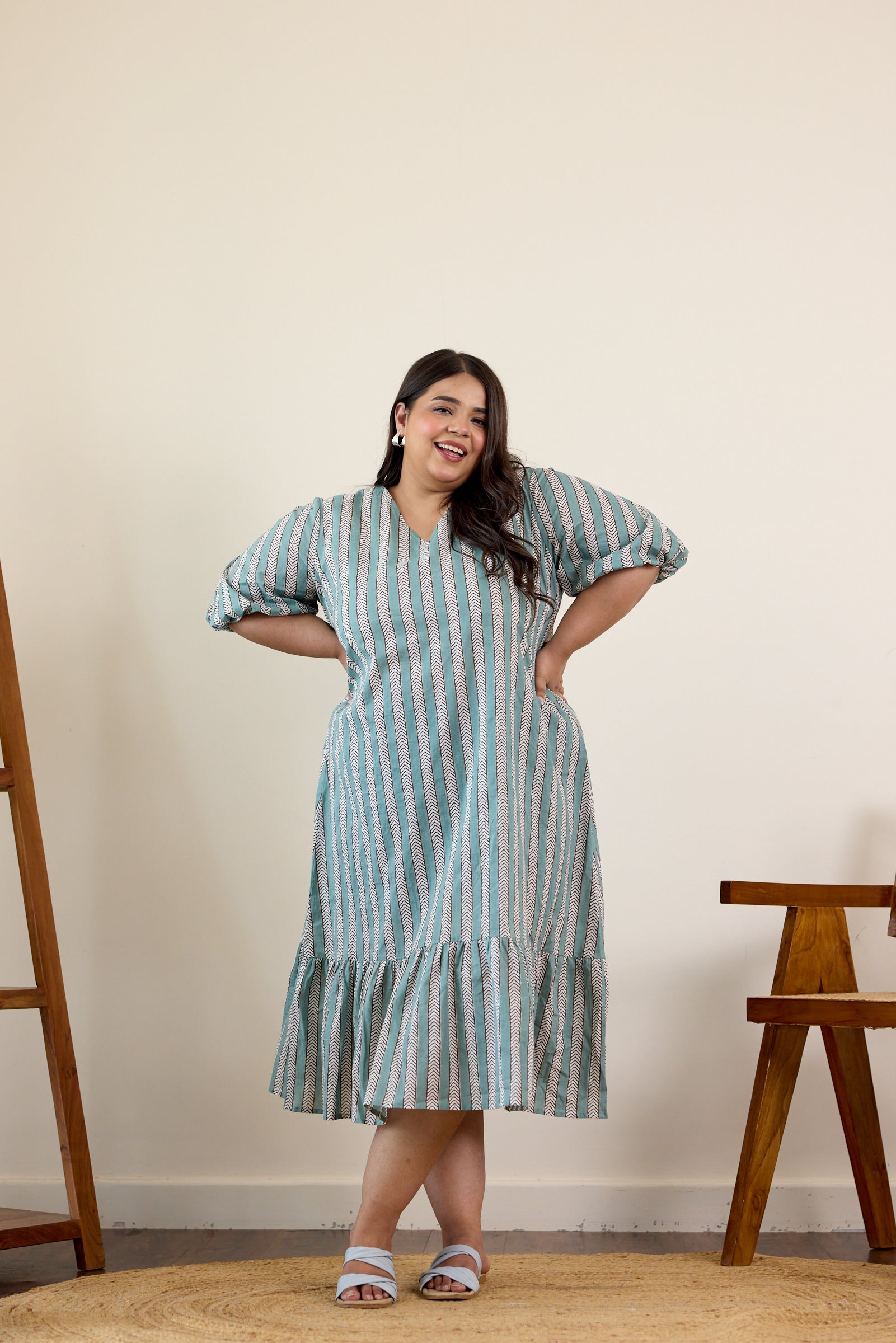Women's Teal Blue Tired Striped Midi Dress - Nangalia Ruchira