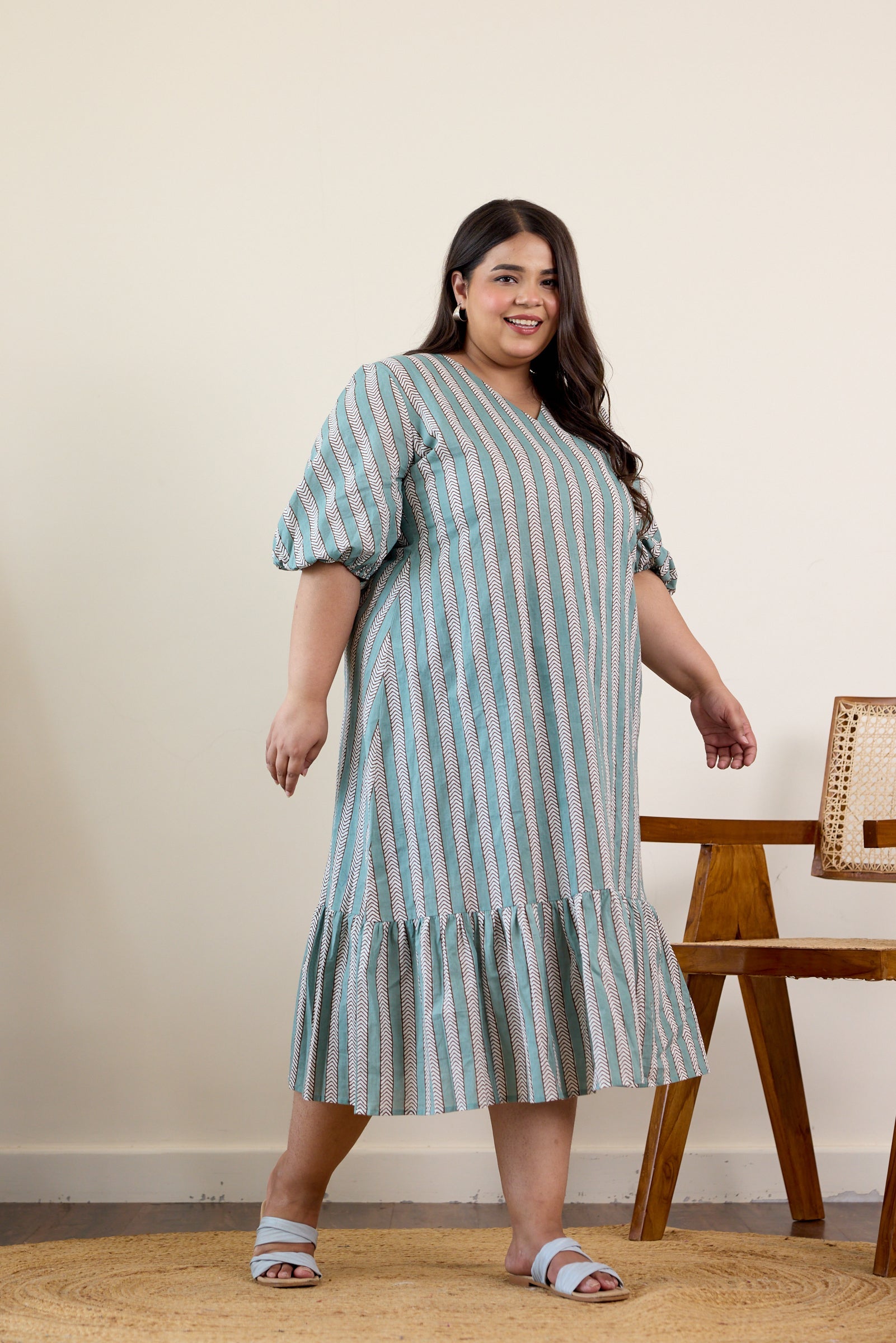 Women's Teal Blue Tired Striped Midi Dress - Nangalia Ruchira