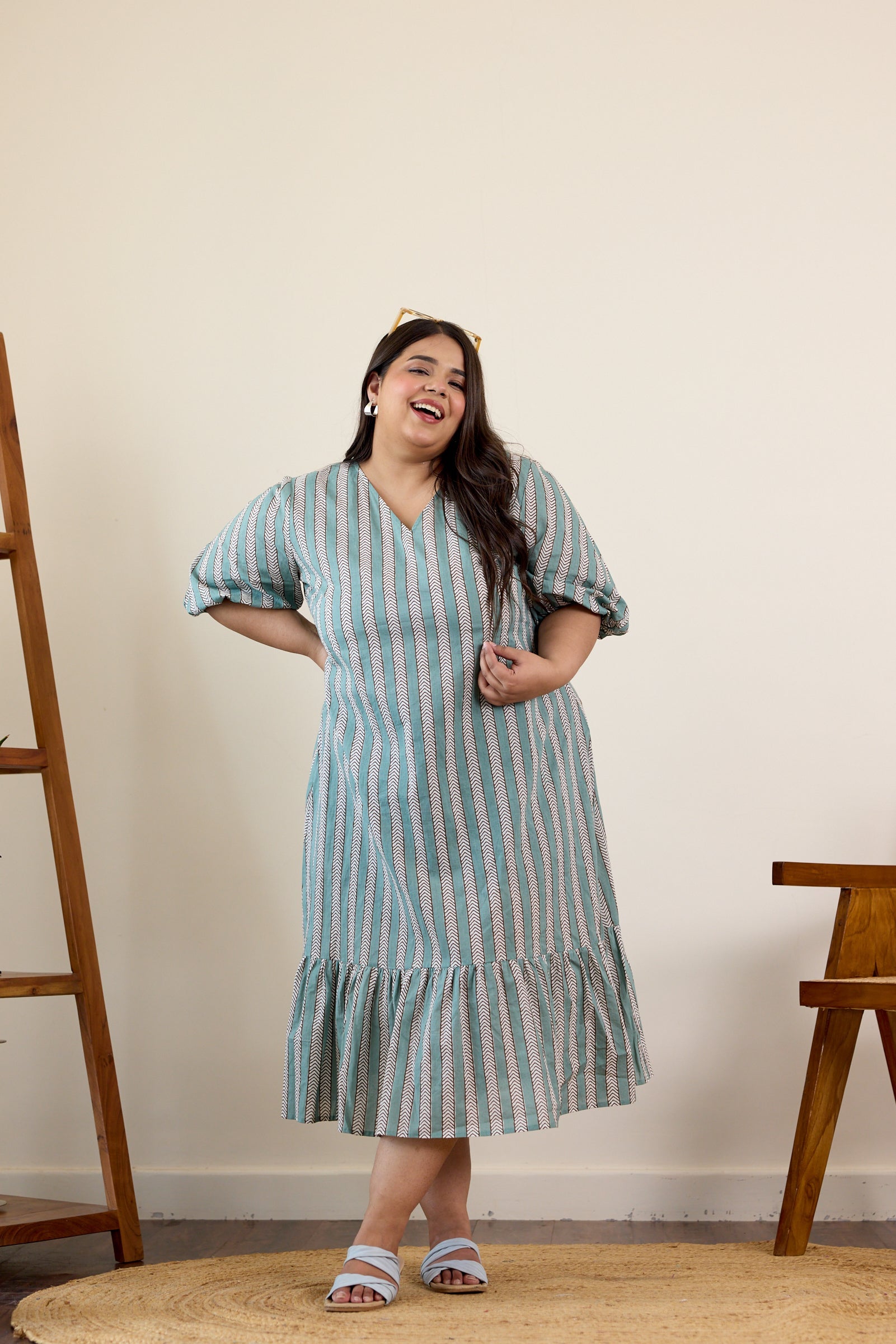 Women's Teal Blue Tired Striped Midi Dress - Nangalia Ruchira