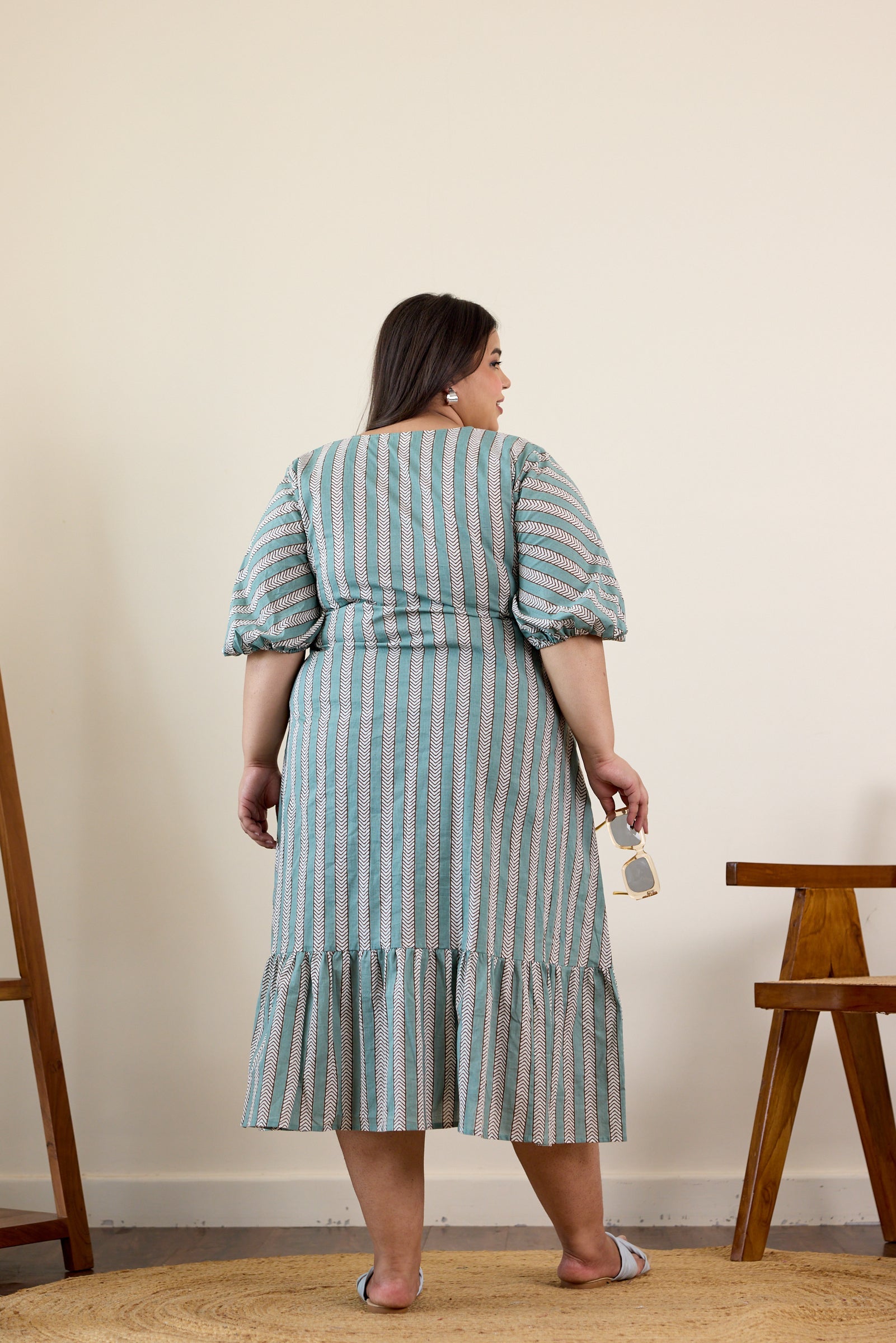 Women's Teal Blue Tired Striped Midi Dress - Nangalia Ruchira
