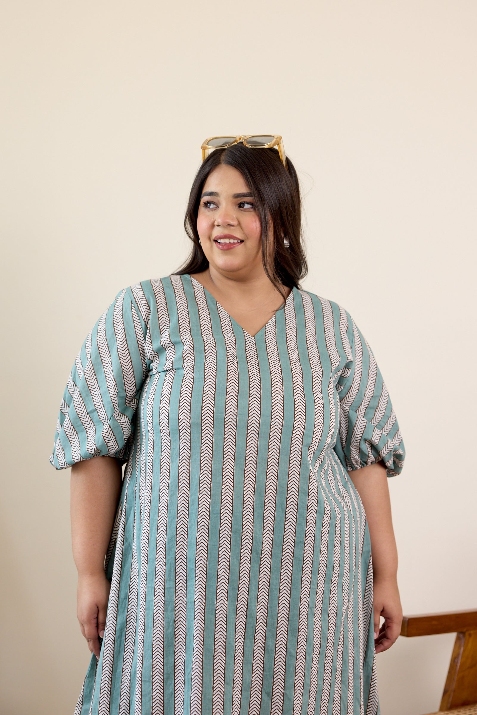 Women's Teal Blue Tired Striped Midi Dress - Nangalia Ruchira