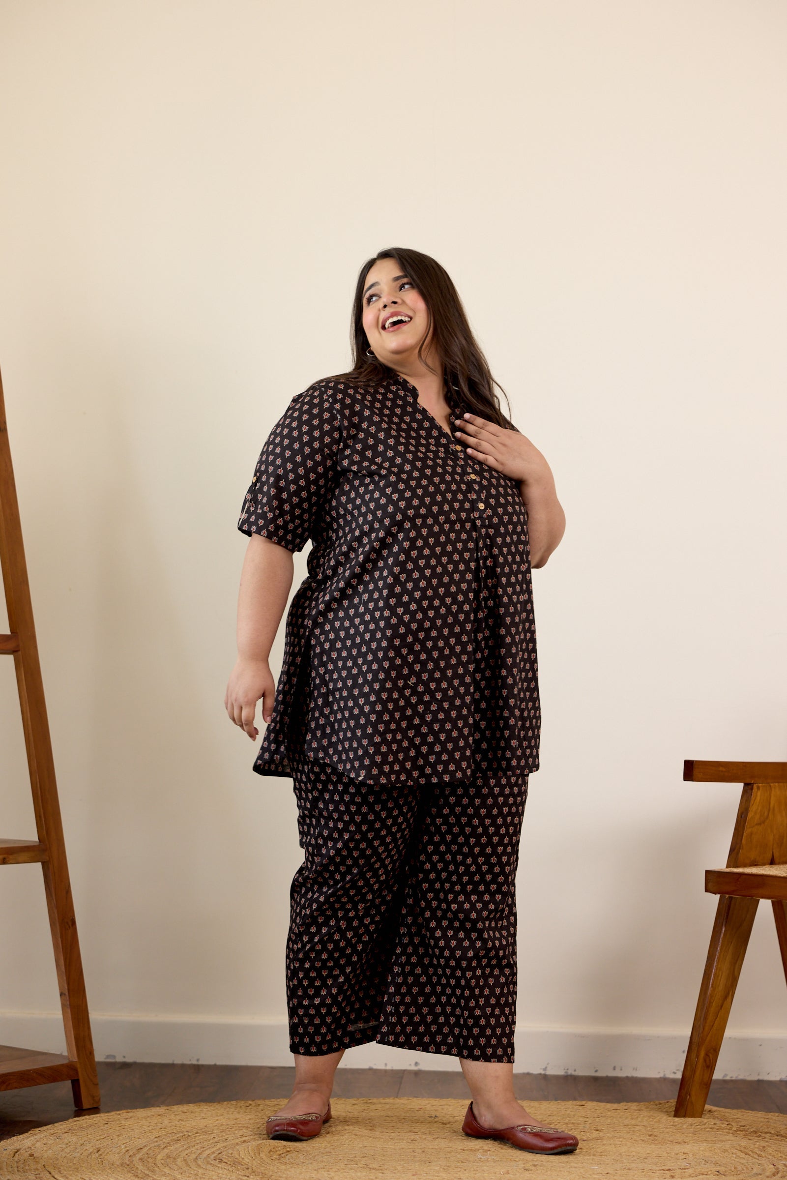 Women's Black Collared Booti Print Co-Ord Set - Nangalia Ruchira