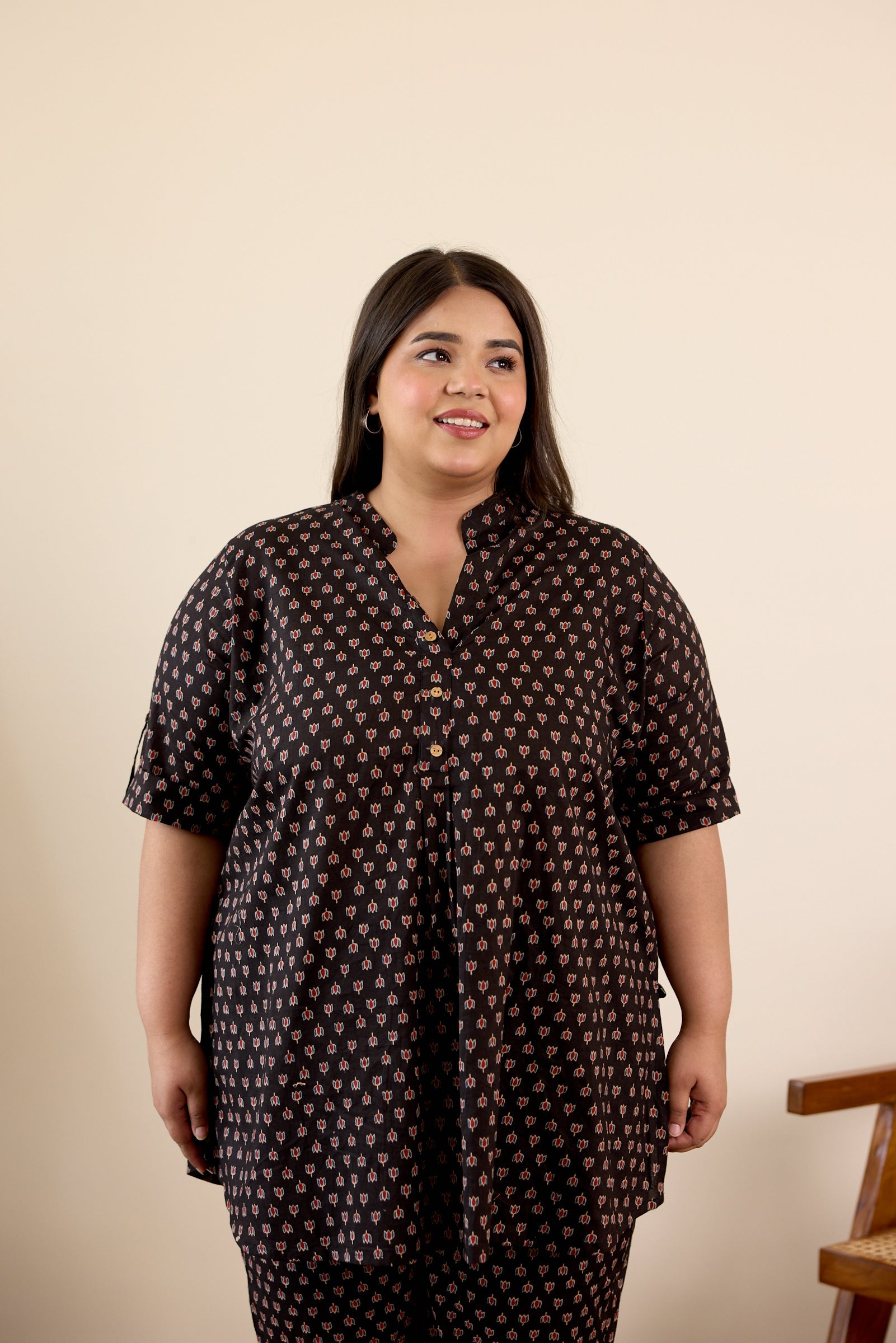 Women's Black Collared Booti Print Co-Ord Set - Nangalia Ruchira