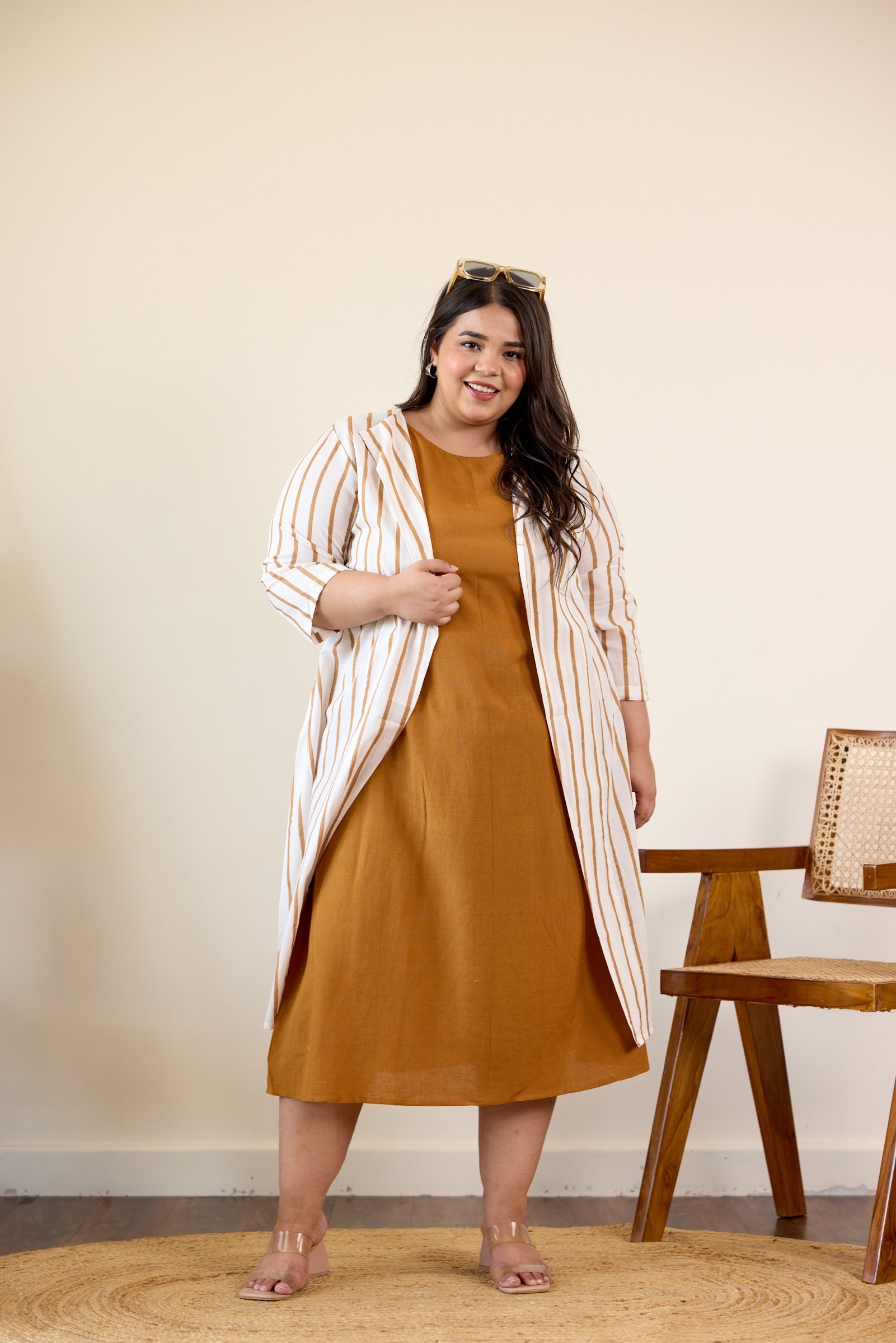 Women's Brown Striped Jacket Dress - Nangalia Ruchira