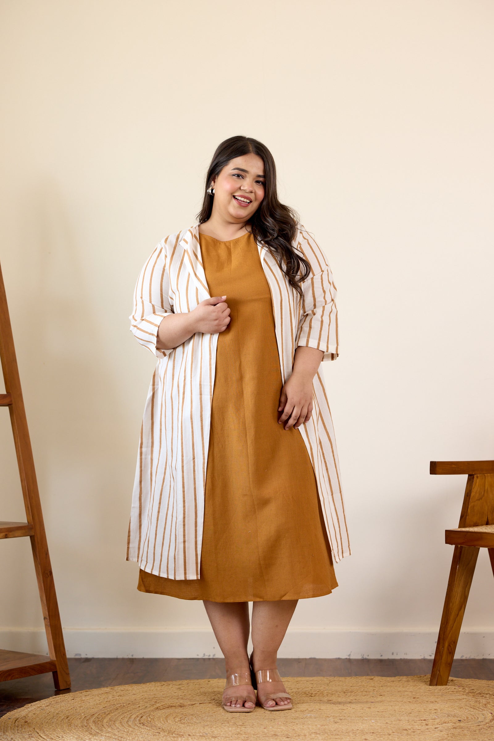 Women's Brown Striped Jacket Dress - Nangalia Ruchira