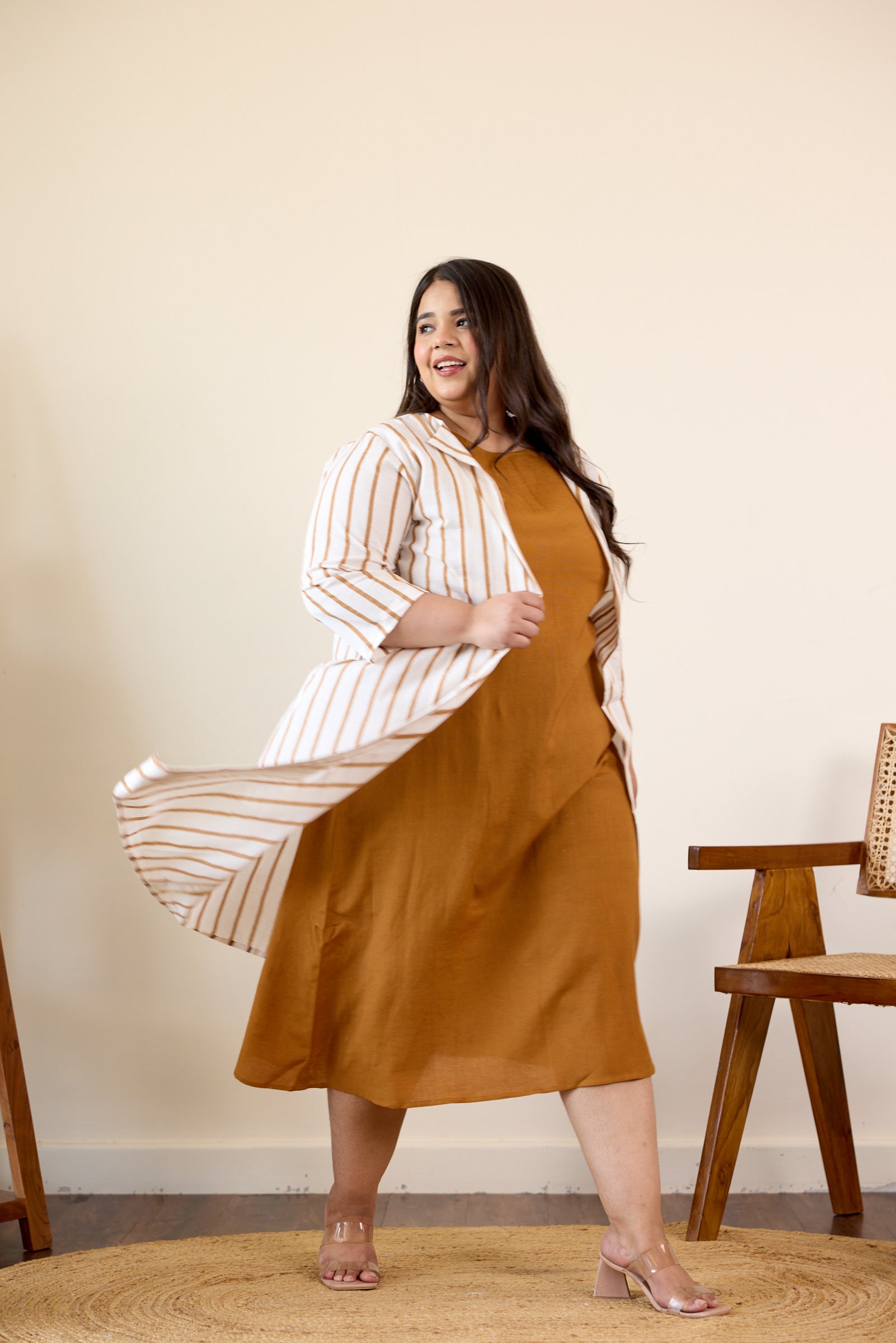 Women's Brown Striped Jacket Dress - Nangalia Ruchira