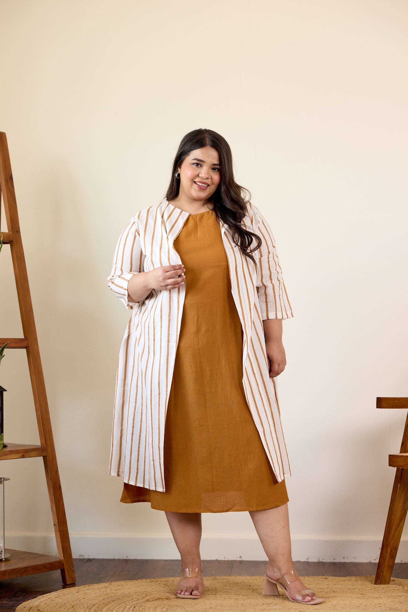 Women's Brown Striped Jacket Dress - Nangalia Ruchira