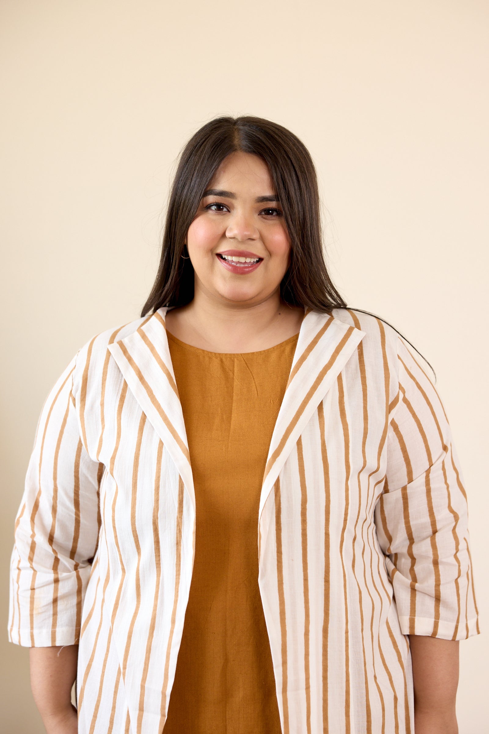 Women's Brown Striped Jacket Dress - Nangalia Ruchira