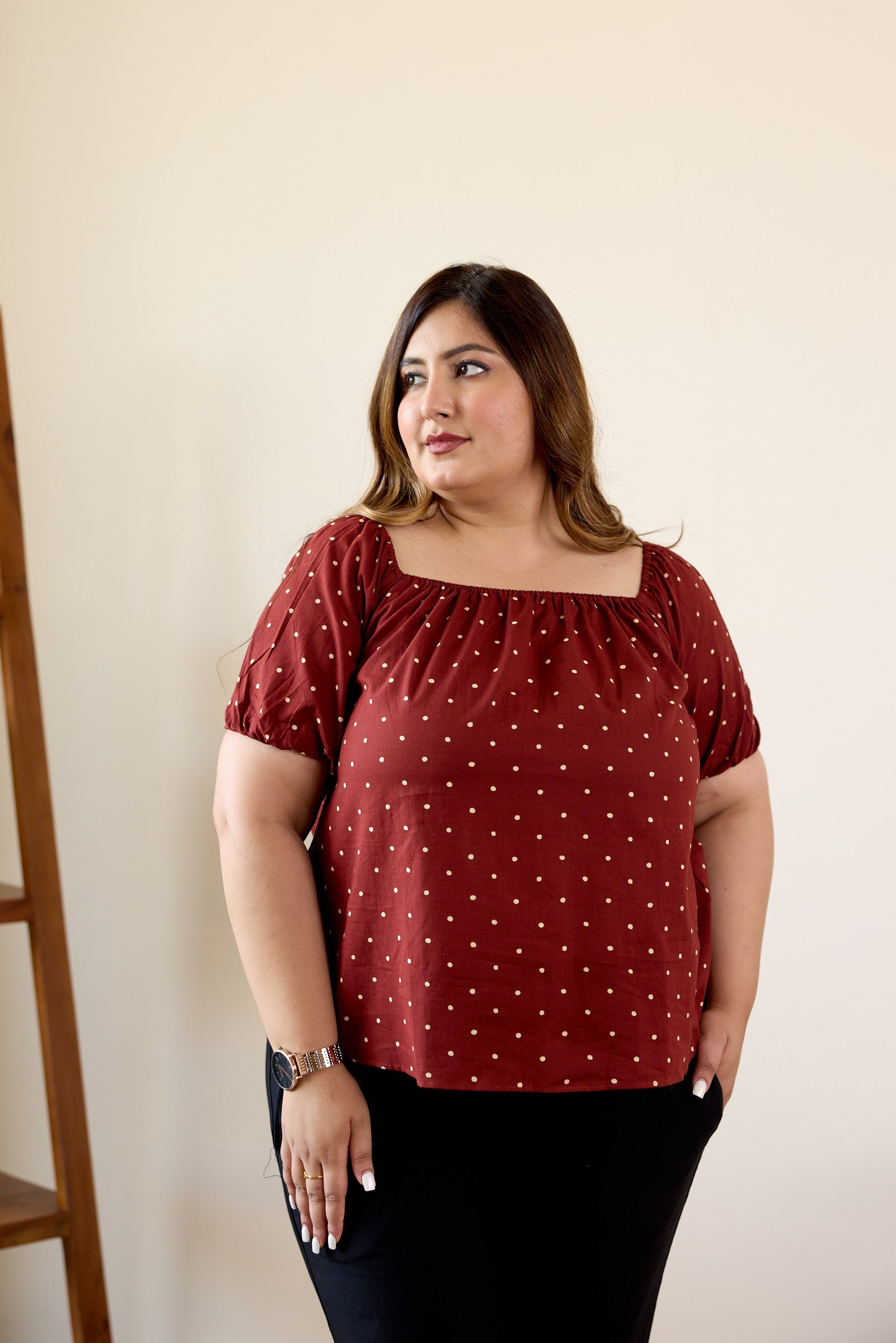 Women's Maroon Puffed Sleeve Hand Block Printed Polka Top - Nangalia Ruchira