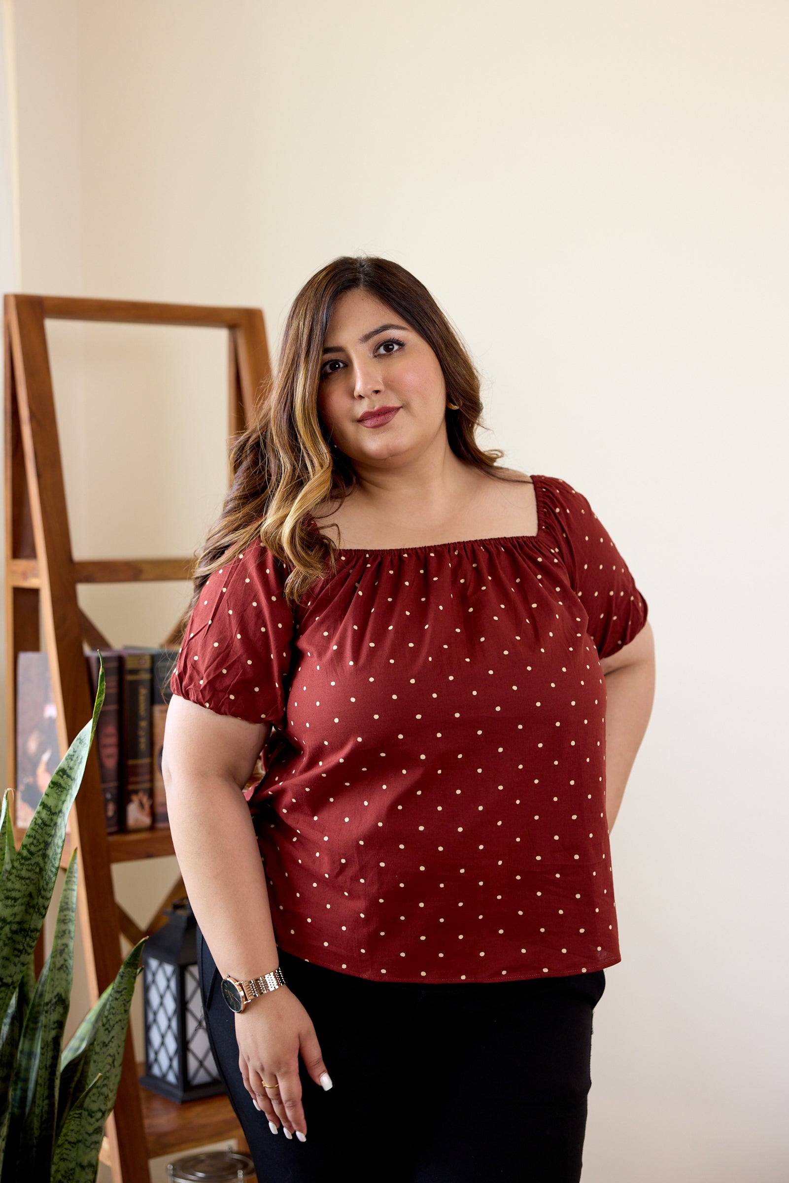 Women's Maroon Puffed Sleeve Hand Block Printed Polka Top - Nangalia Ruchira