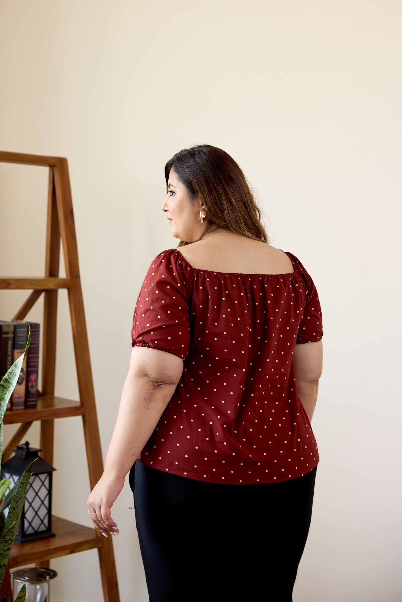 Women's Maroon Puffed Sleeve Hand Block Printed Polka Top - Nangalia Ruchira