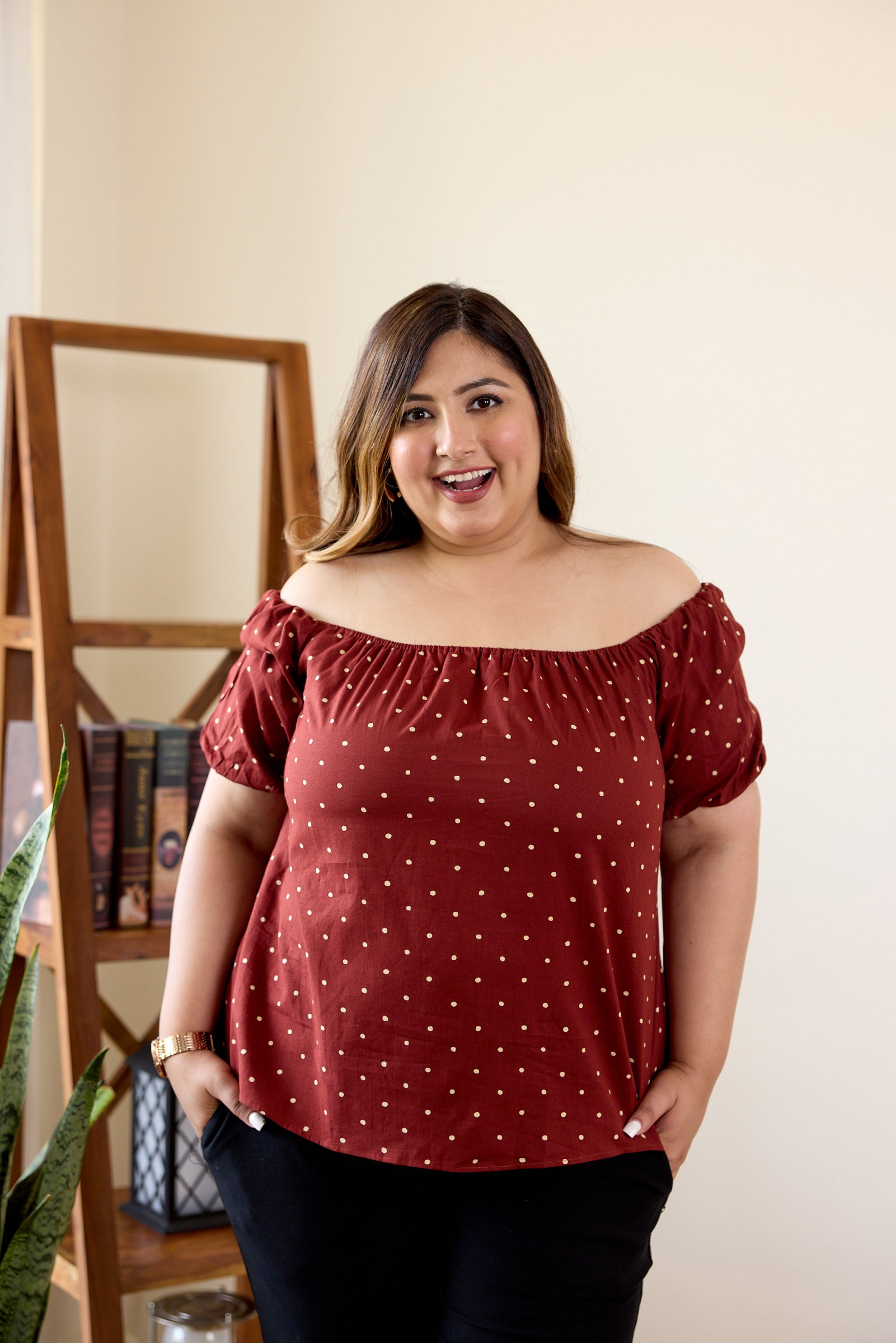 Women's Maroon Puffed Sleeve Hand Block Printed Polka Top - Nangalia Ruchira