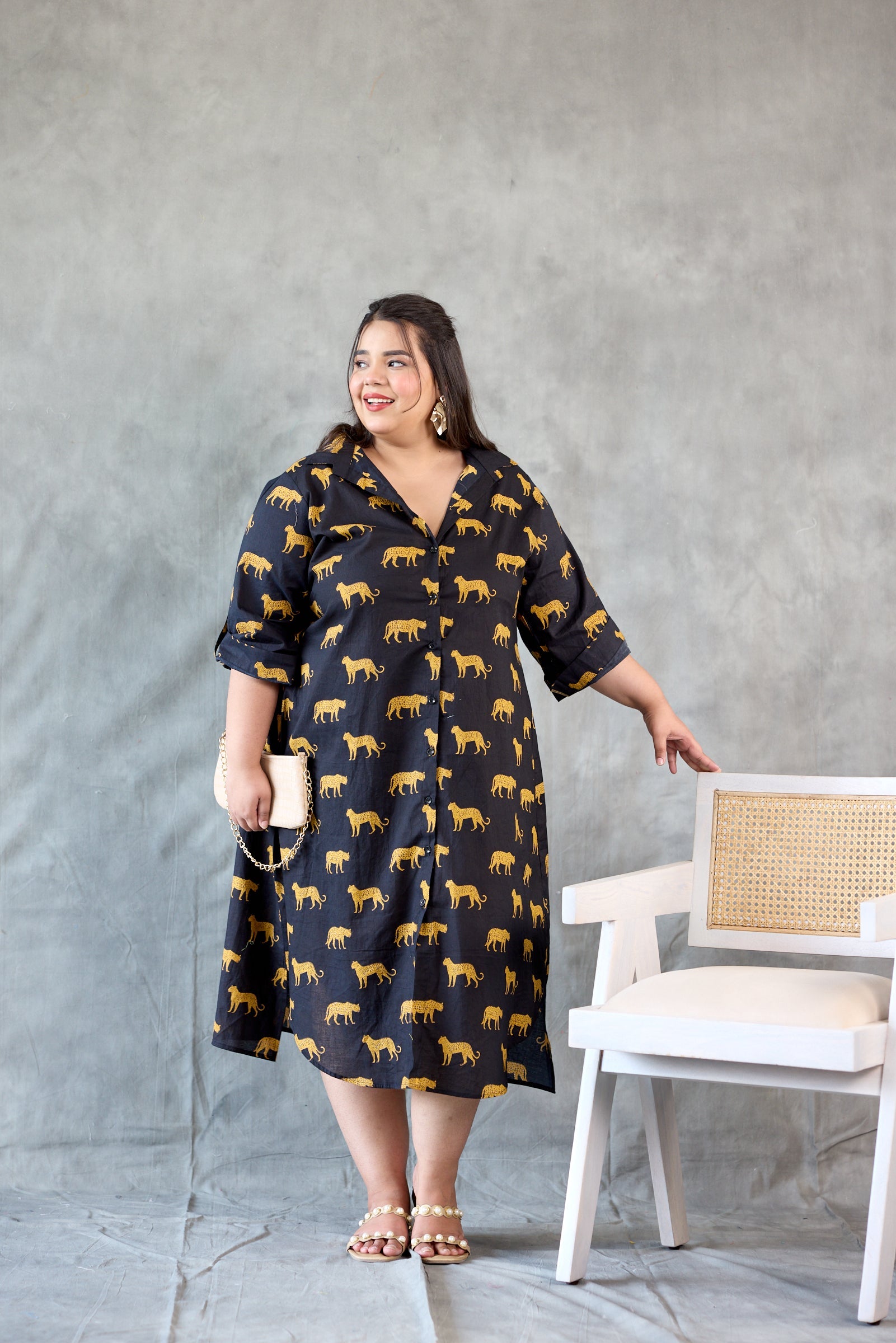 Women's Cheetah Print Cotton Black Shirt Dress - Nangalia Ruchira