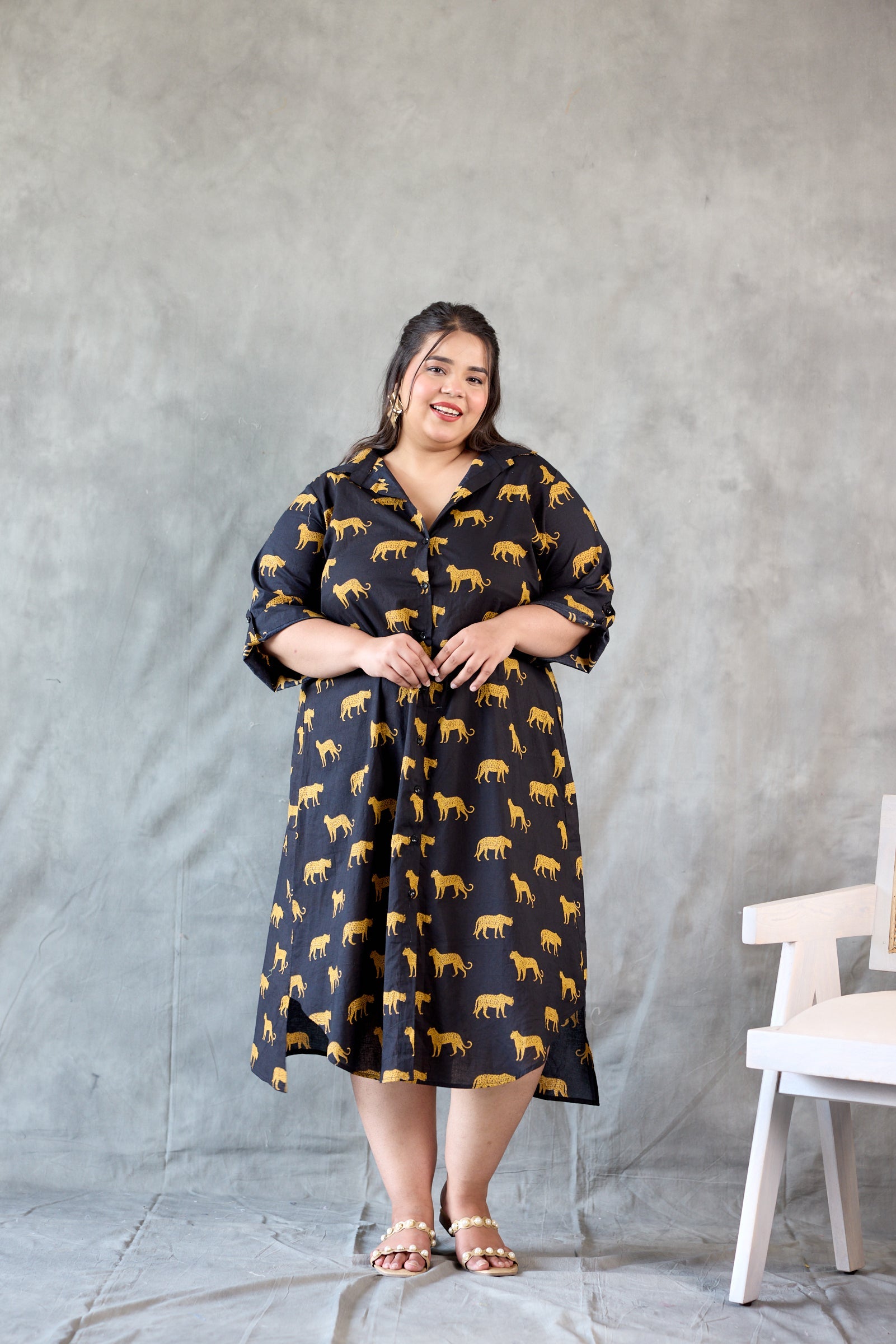 Women's Cheetah Print Cotton Black Shirt Dress - Nangalia Ruchira