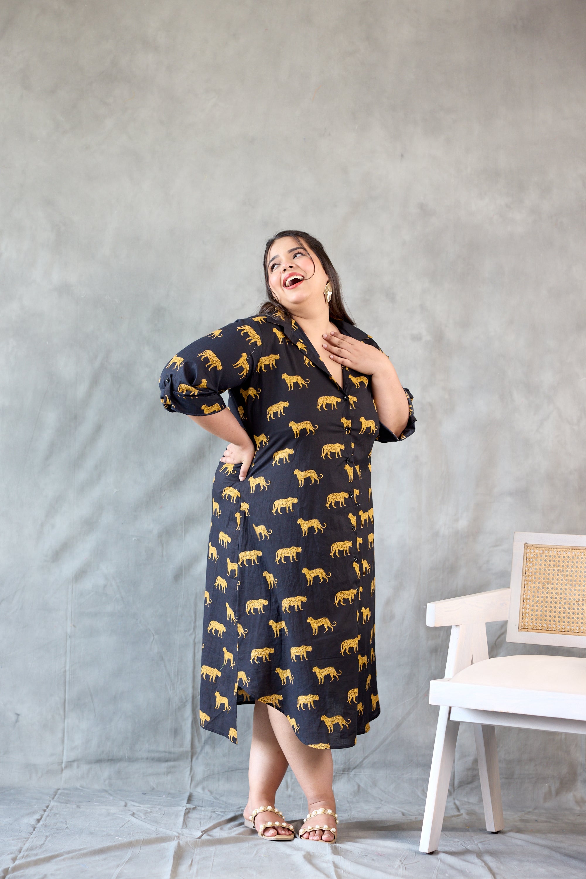 Women's Cheetah Print Cotton Black Shirt Dress - Nangalia Ruchira