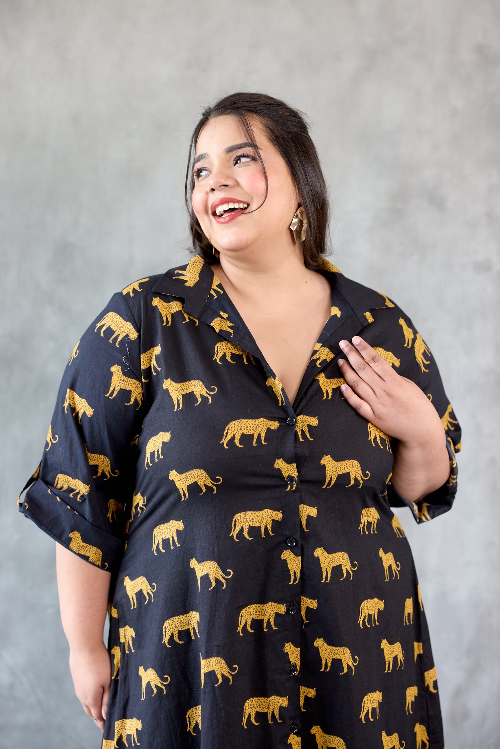 Women's Cheetah Print Cotton Black Shirt Dress - Nangalia Ruchira