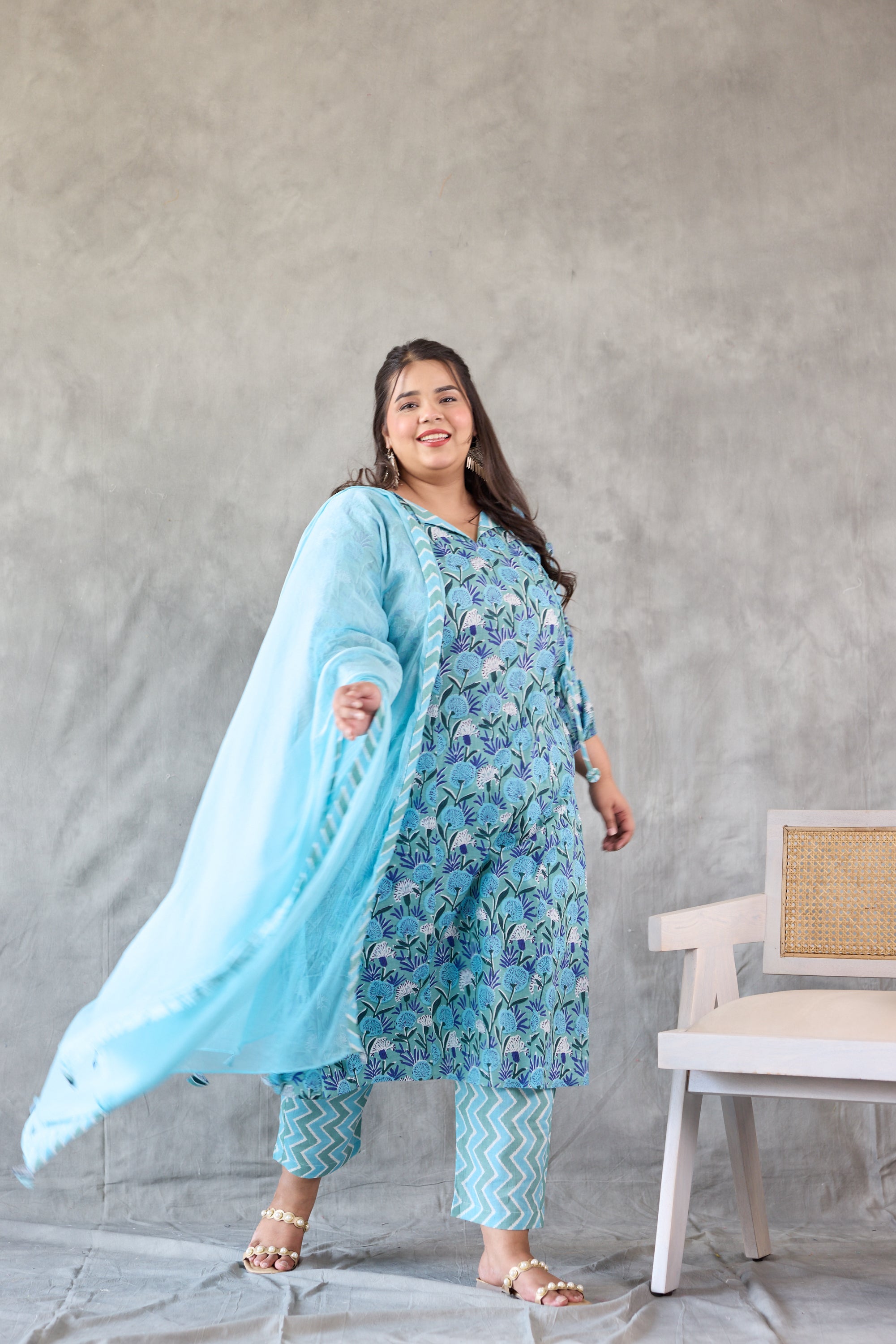 Women's Blue Floral Printed Kurta Set - (Set Of 3) - Nangalia Ruchira