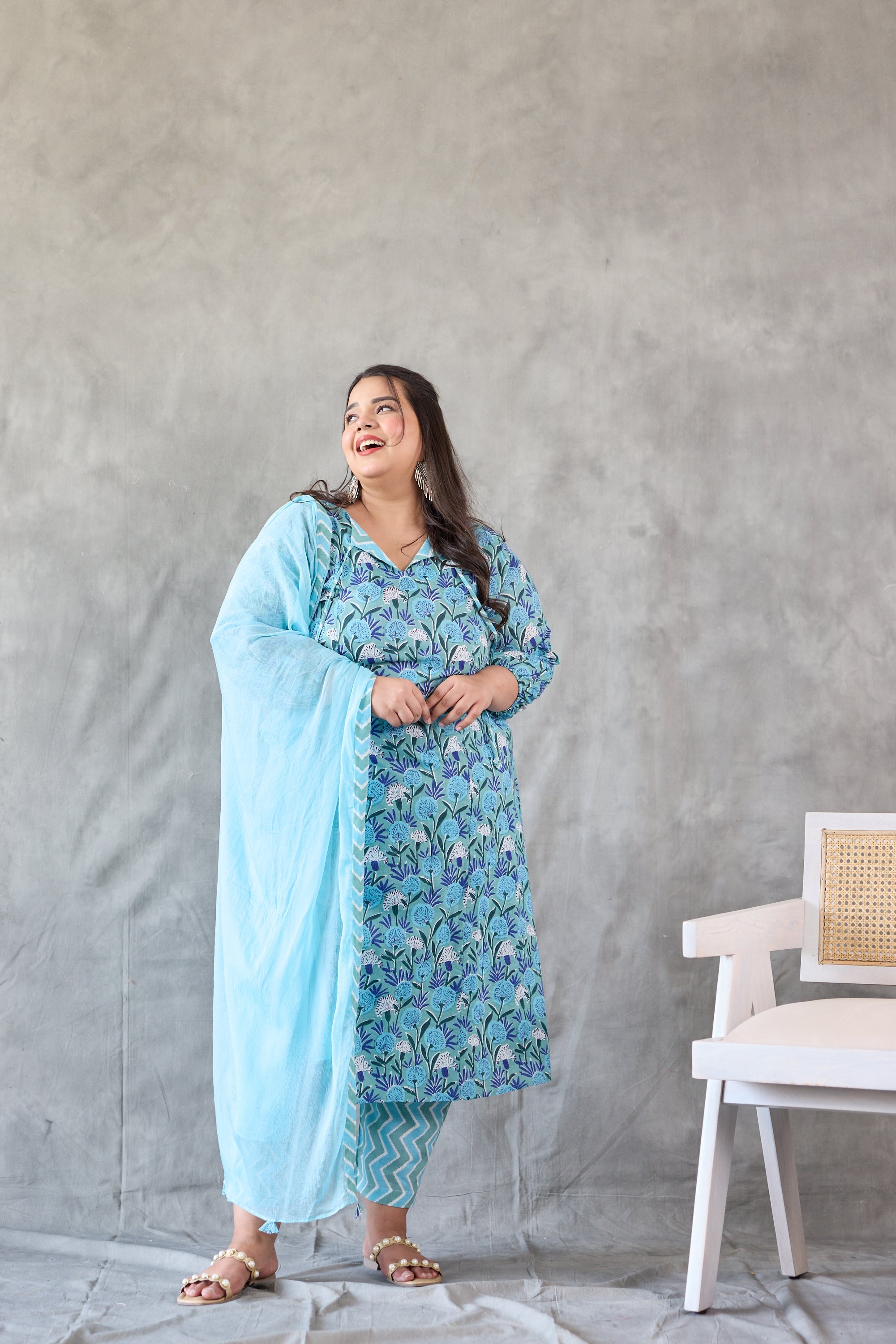 Women's Blue Floral Printed Kurta Set - (Set Of 3) - Nangalia Ruchira