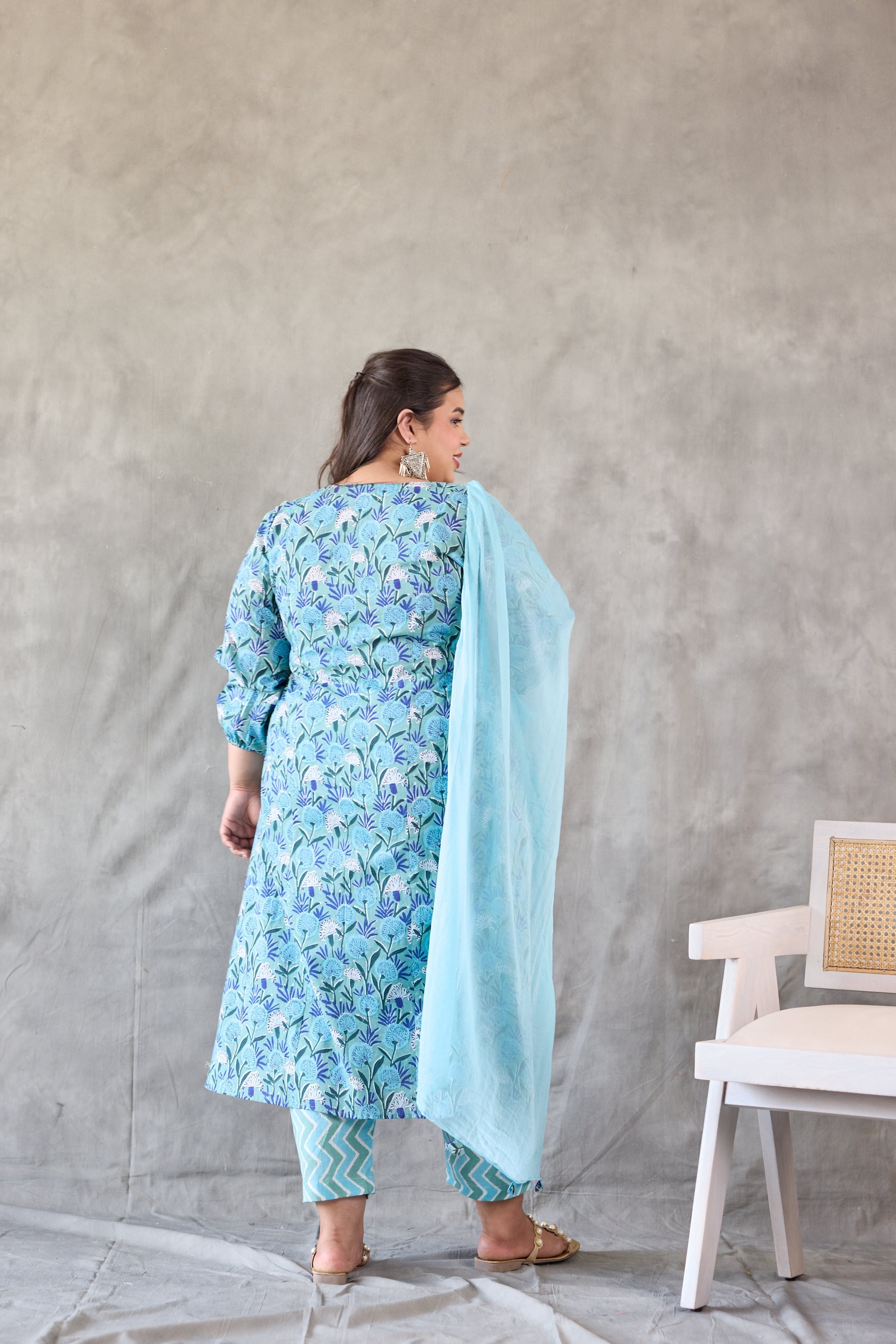 Women's Blue Floral Printed Kurta Set - (Set Of 3) - Nangalia Ruchira
