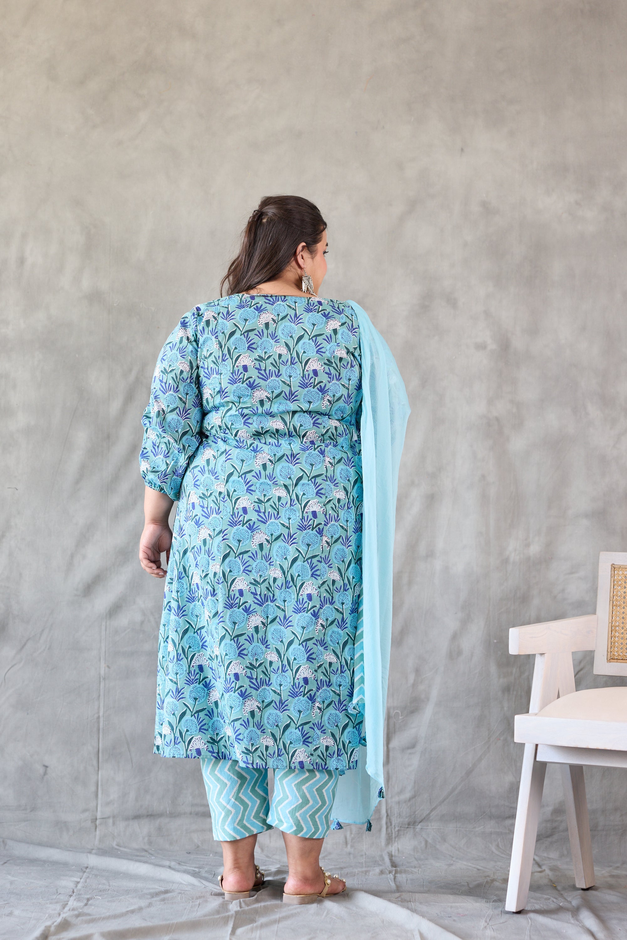 Women's Blue Floral Printed Kurta Set - (Set Of 3) - Nangalia Ruchira