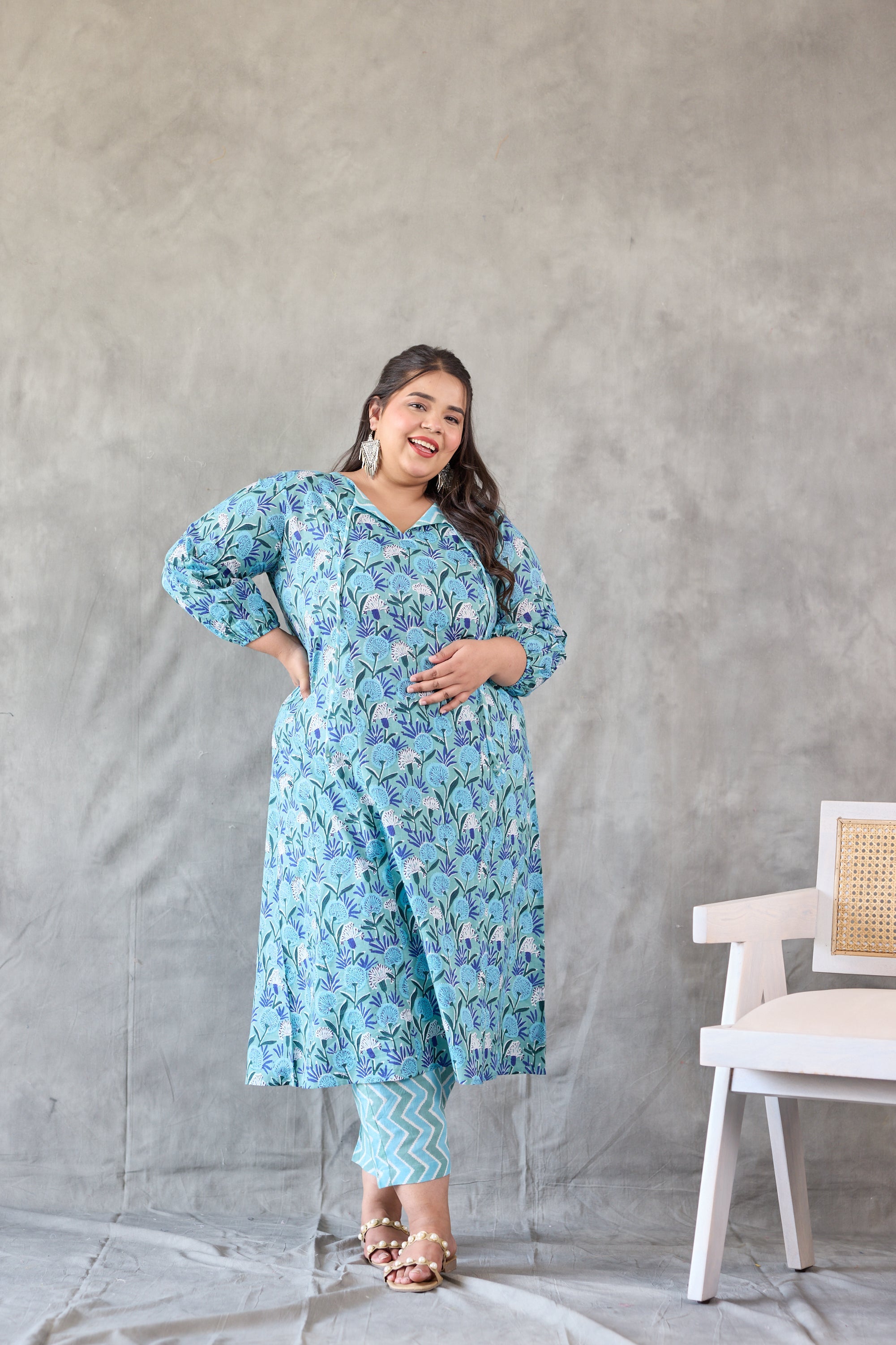 Women's Blue Floral Printed Kurta Set - (Set Of 3) - Nangalia Ruchira