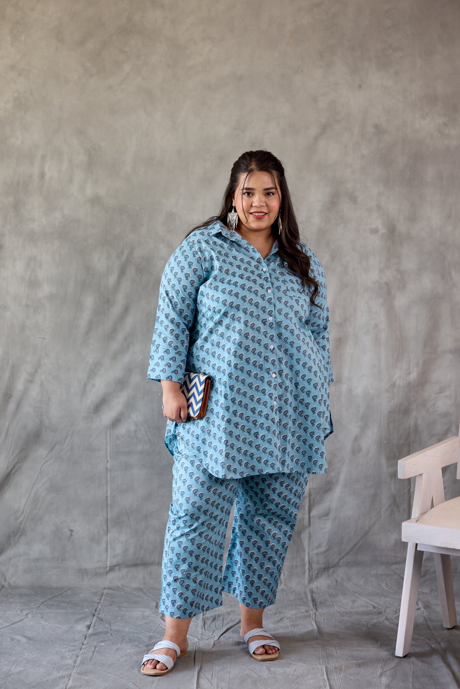 Women's Hazy Blue Button-Down Booti Printed Co-Ord Set (Set Of 2) - Nangalia Ruchira