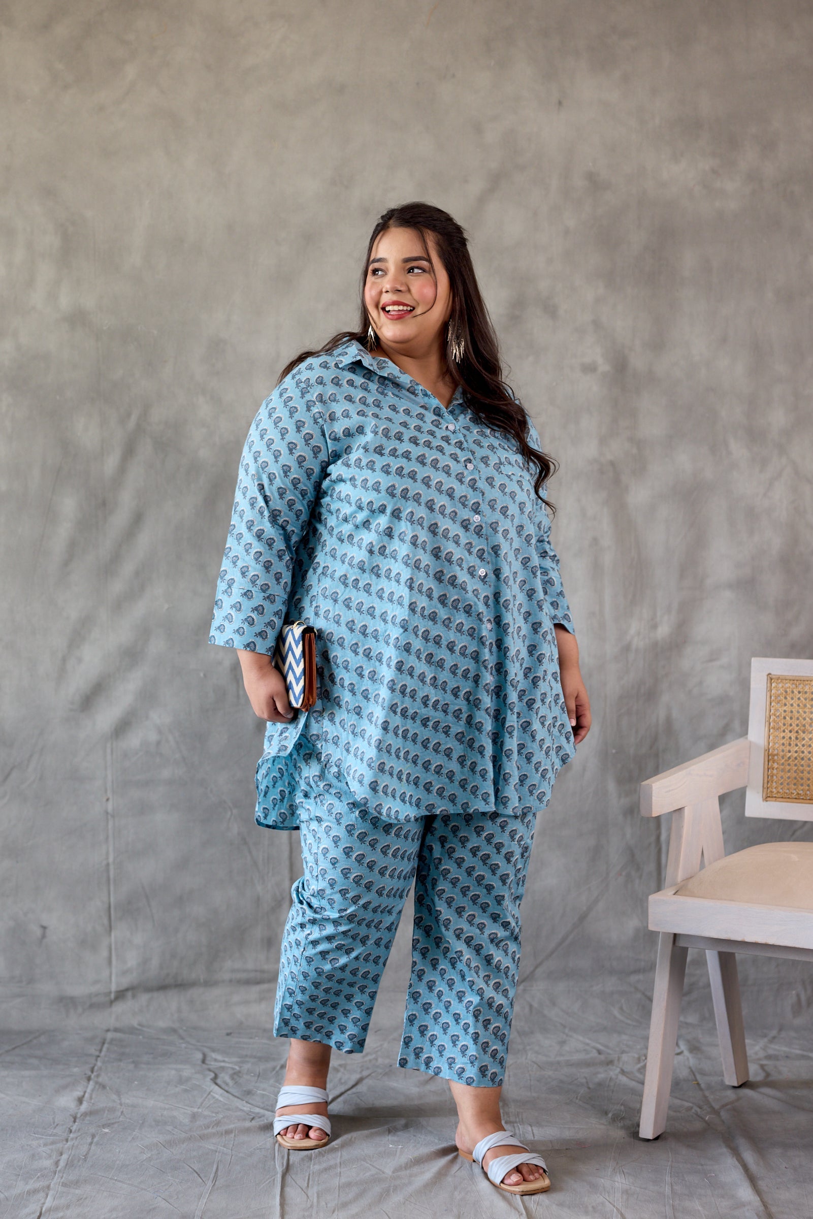 Women's Hazy Blue Button-Down Booti Printed Co-Ord Set (Set Of 2) - Nangalia Ruchira