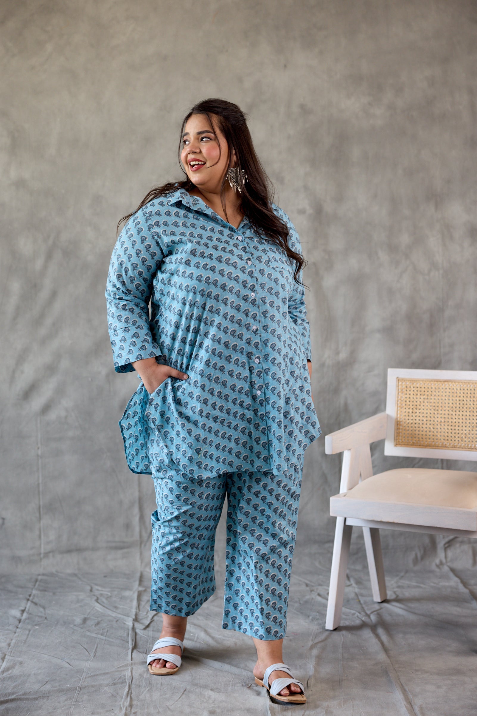 Women's Hazy Blue Button-Down Booti Printed Co-Ord Set (Set Of 2) - Nangalia Ruchira