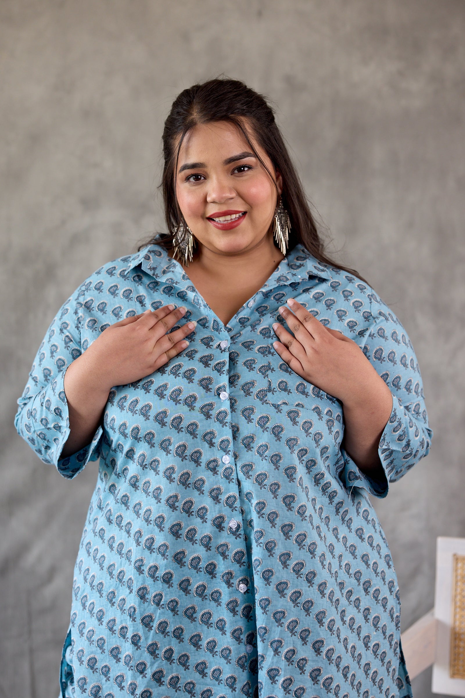 Women's Hazy Blue Button-Down Booti Printed Co-Ord Set (Set Of 2) - Nangalia Ruchira