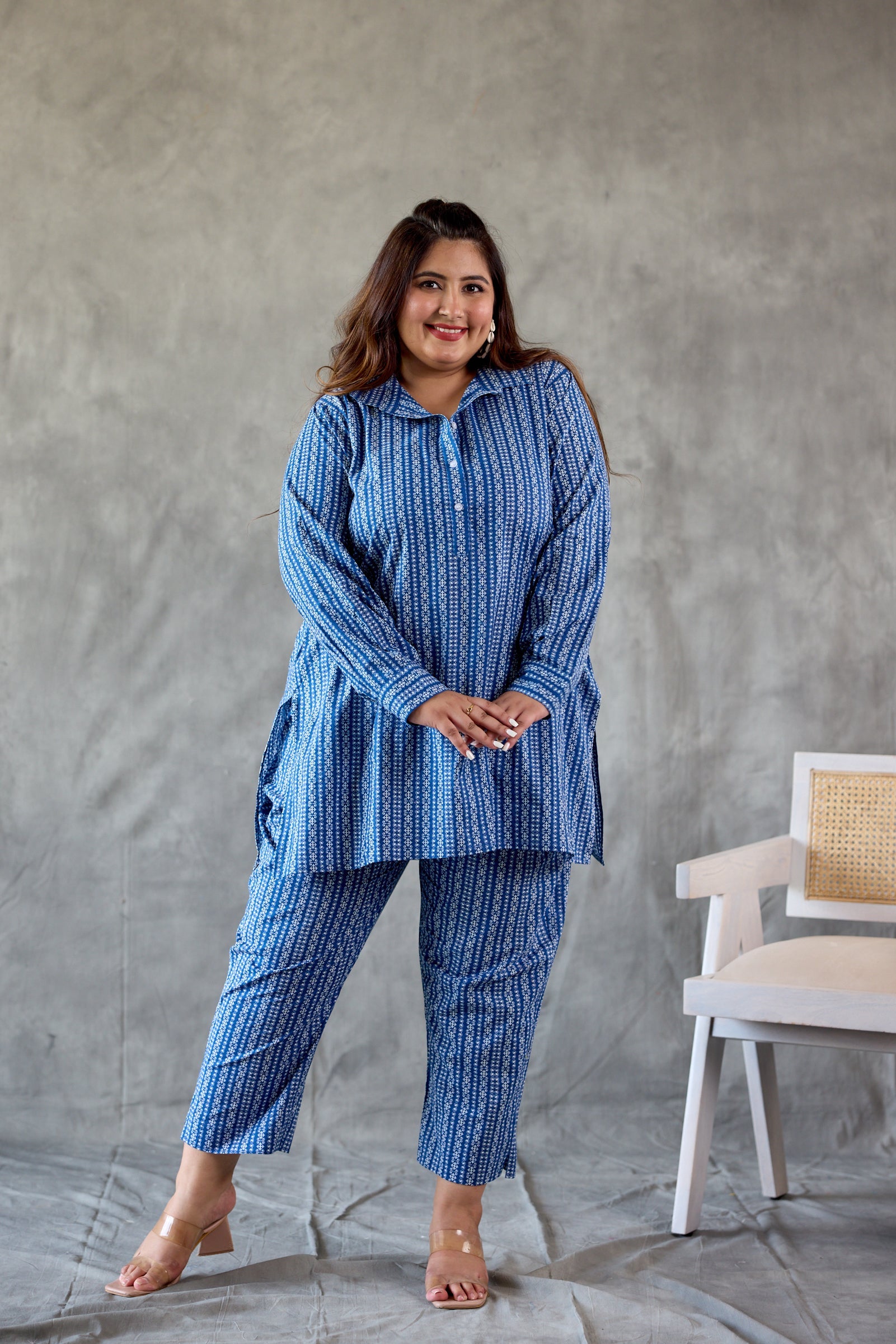 Women's Indigo Blue Collared  Co-Ord  Set  (Set Of 2) - Nangalia Ruchira