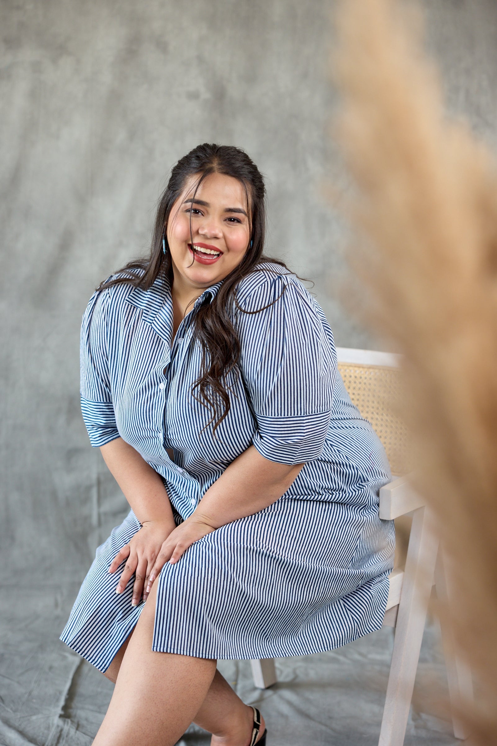 Women's Tailored Blue Striped Button-Down Dress - Nangalia Ruchira