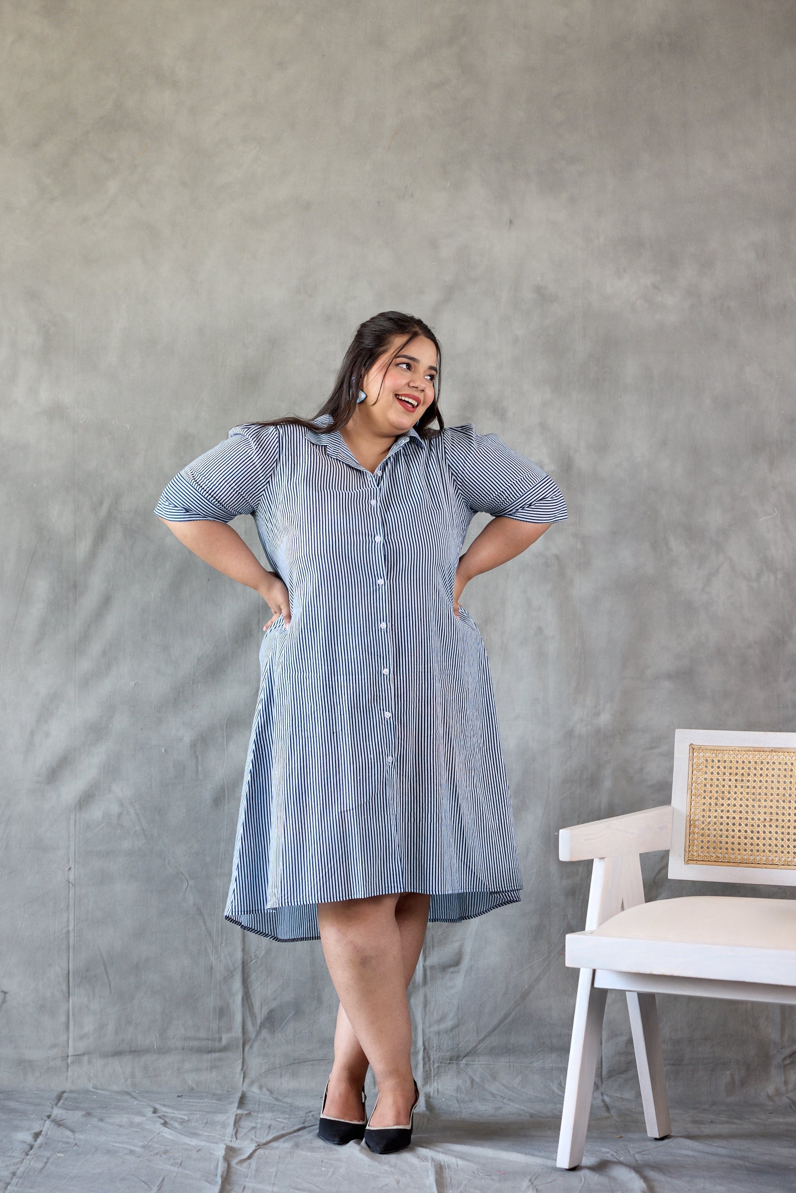 Women's Tailored Blue Striped Button-Down Dress - Nangalia Ruchira