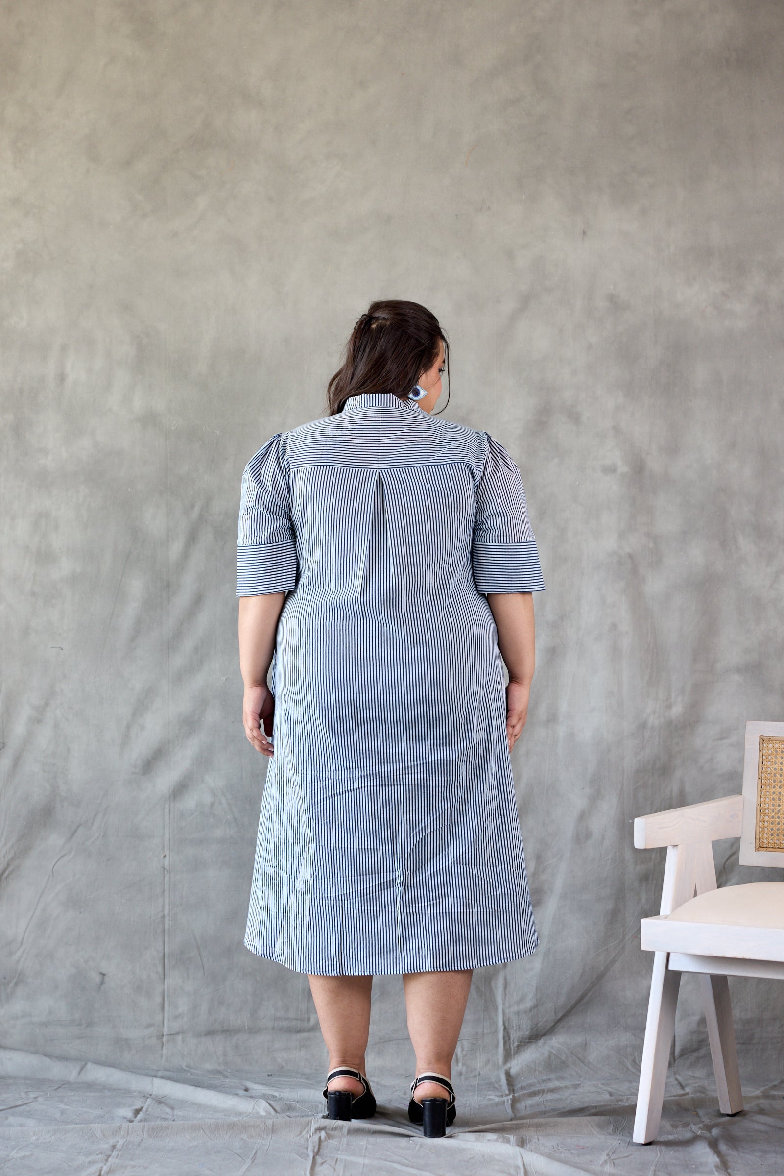Women's Tailored Blue Striped Button-Down Dress - Nangalia Ruchira