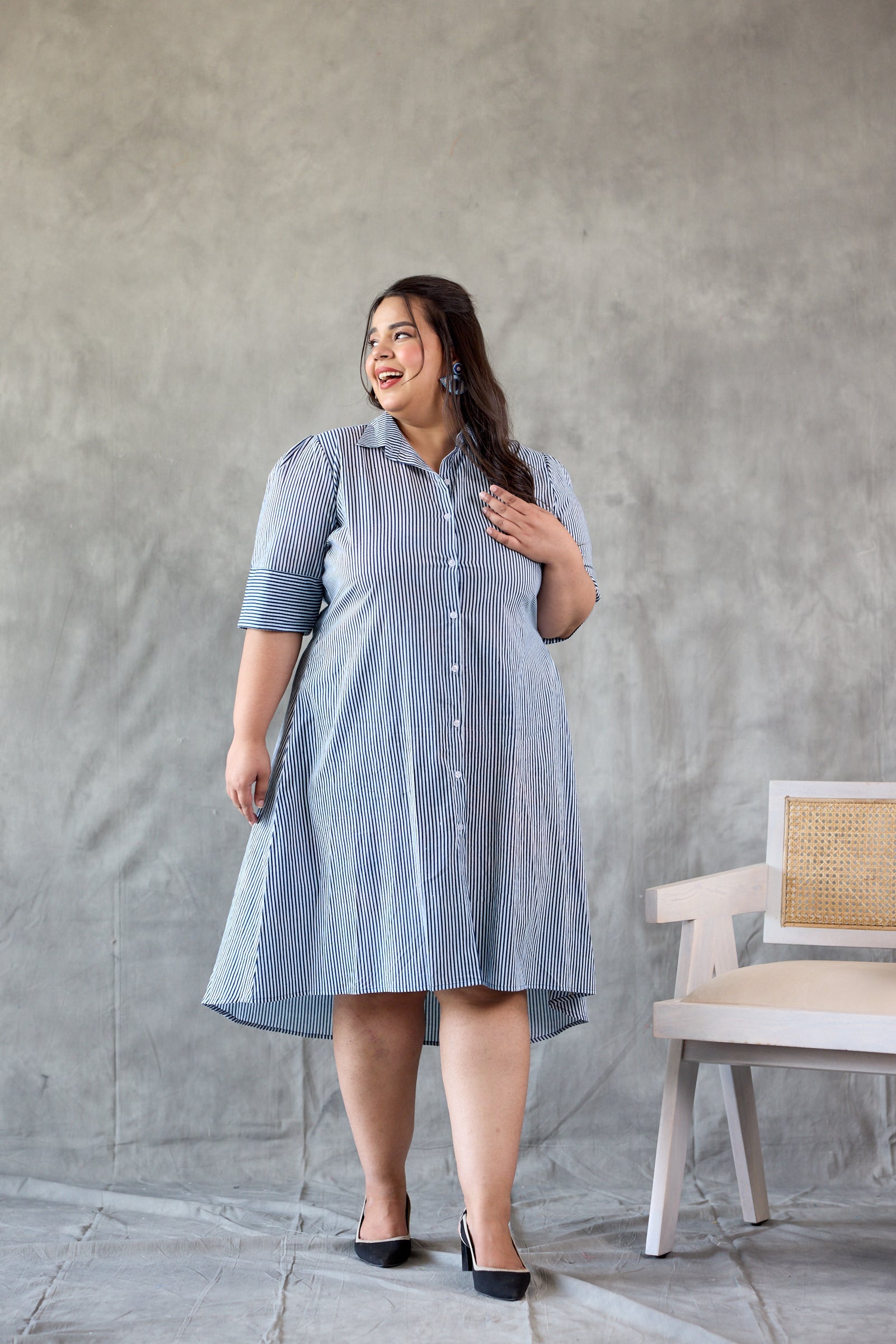 Women's Tailored Blue Striped Button-Down Dress - Nangalia Ruchira